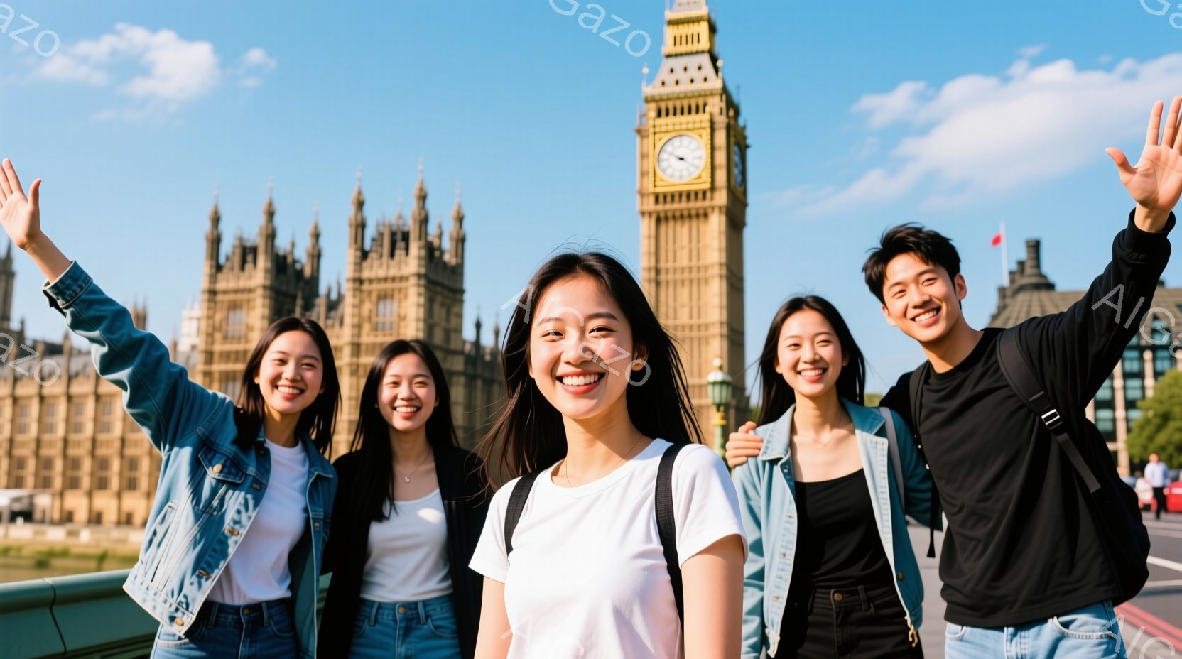 五人の若い女性と男性が、ウェストミンスター宮殿とビッグ・ベンを背景に笑顔で並んでいます。全員カジュアルな服装で、デニムジャケットや白いTシャツを着ており、髪型もそれぞれ異なり、自然な笑顔を見せています - AI生成フリー素材