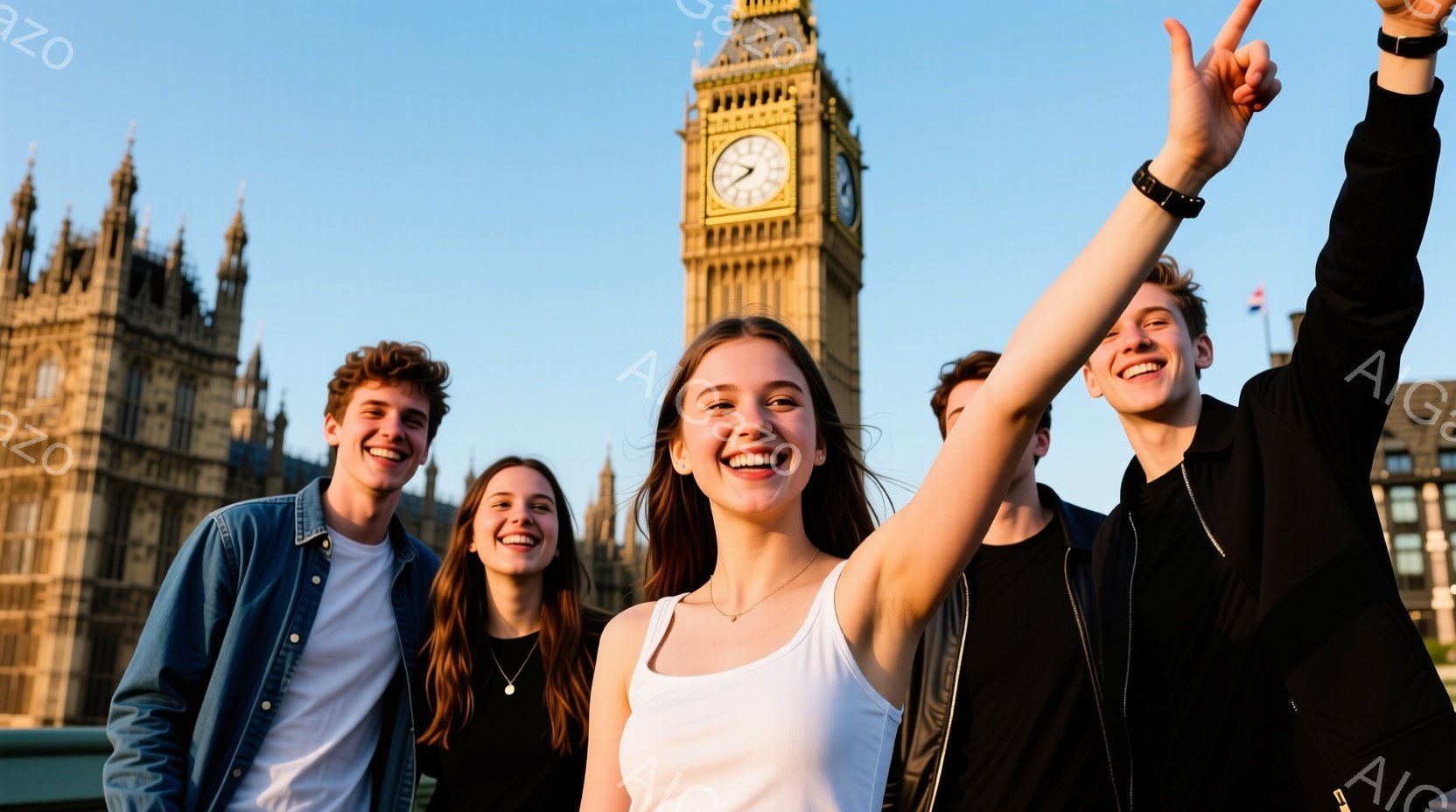 若者グループがウェストミンスター宮殿とビッグ・ベンを背景に写っています。女性は白いタンクトップを着て片手を高く上げ、他のメンバーはデニムジャケットや黒いジャケットを着て笑顔を見せています。晴れた青空の - AI生成フリー素材
