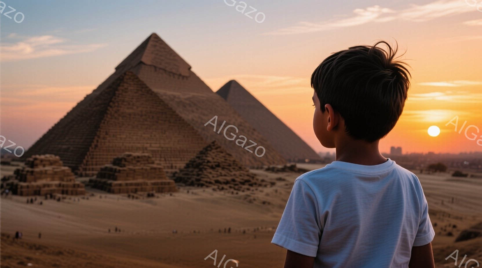 見る者は背中を見せた少年で、白いTシャツを着ています。髪は短く、背景には砂漠の中にそびえ立つピラミッドと、夕焼け空が広がっています。全体的に、歴史的な建造物と自然の壮大さを感じさせる、静かで感動的な雰 - AI生成フリー素材