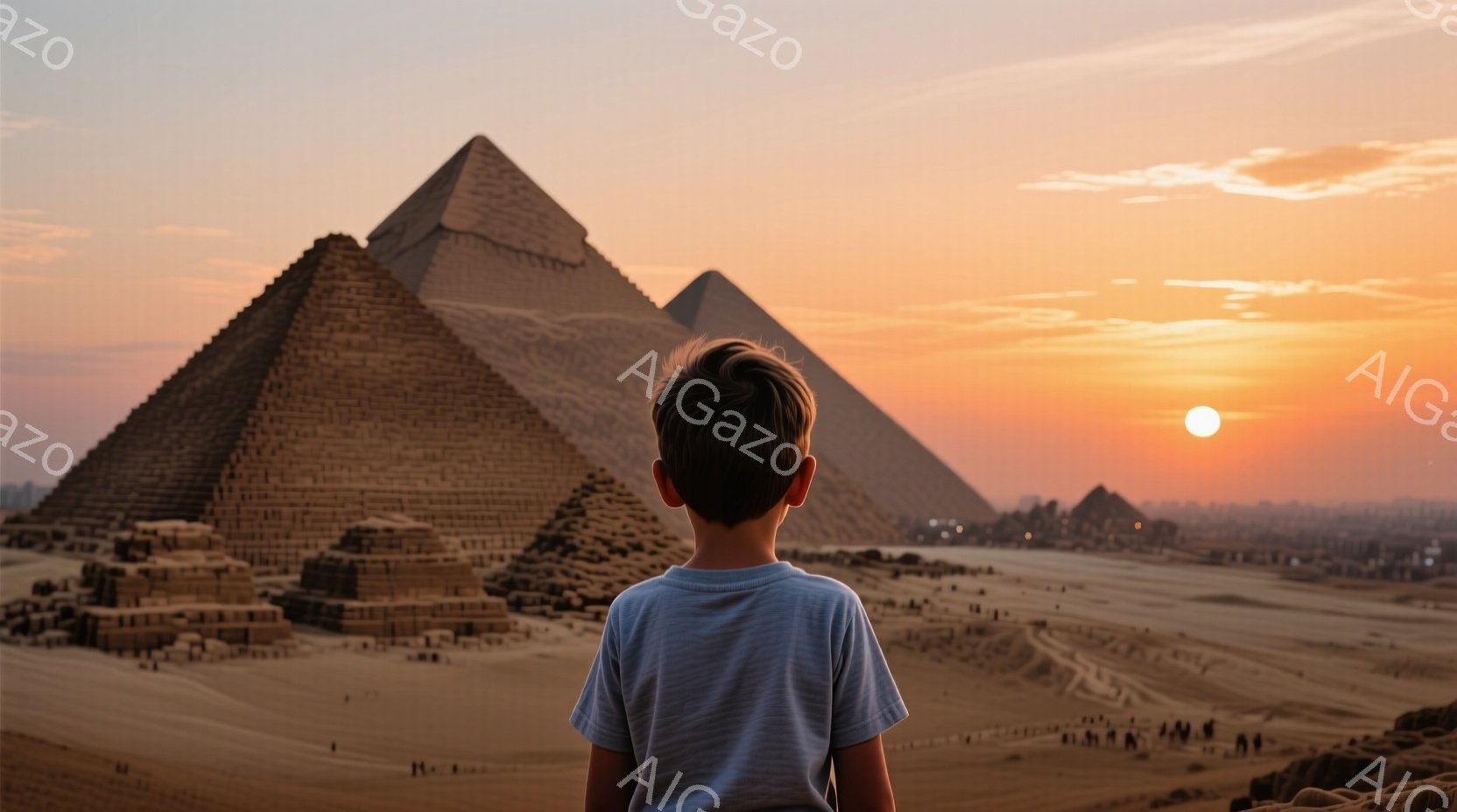 少年は灰色のTシャツを着ており、短く刈り込まれた髪型をしています。彼は背を向けて砂漠の中に立っており、遠くに見えるピラミッド群を眺めています。背景には夕焼けの空が広がり、砂漠と古代の建造物が織りなす壮 - AI生成フリー素材