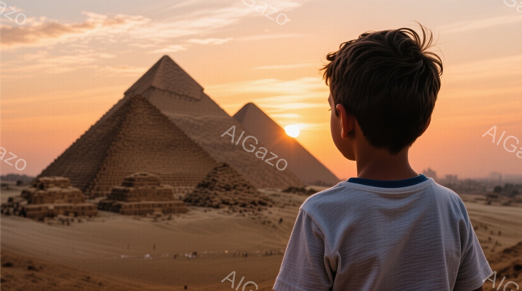 茶髪の少年が背中を見せ、砂漠の中にそびえ立つピラミッドを眺めている。少年は白地に青いラインが入ったTシャツを着ており、髪は短く整えられている。背景には夕焼け空の下、広大な砂漠と古代のピラミッド群が広が - AI生成フリー素材