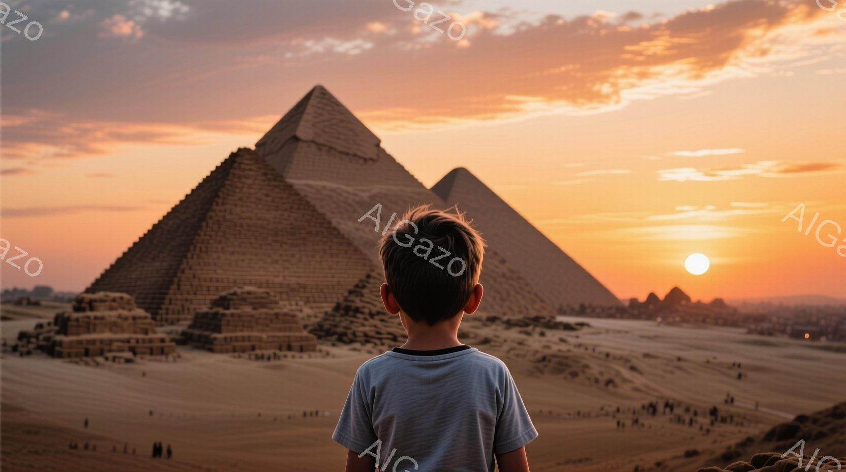 茶髪の少年が、背を向けて砂漠の中に佇んでいます。少年はグレーのTシャツを着ており、背景には巨大なピラミッド群と夕焼けの空が広がっています。オレンジと赤のグラデーションが空を染め上げ、神秘的な雰囲気を醸 - AI生成フリー素材