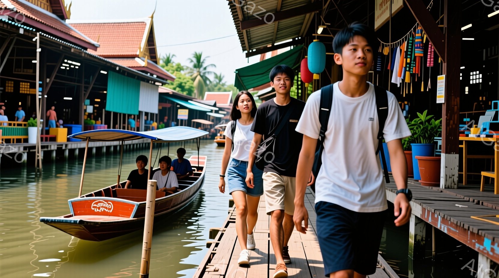 若い男女がタイのような場所の桟橋を歩いています。女性は白いTシャツとジーンズのショートパンツ、男性は黒いTシャツとベージュのパンツを着用しており、共にリュックサックを背負っています。背景には、カラフルなボートが水路を通り、伝統的な建物が並び、日差しが強く、活気のある観光地の雰囲気が漂っています。