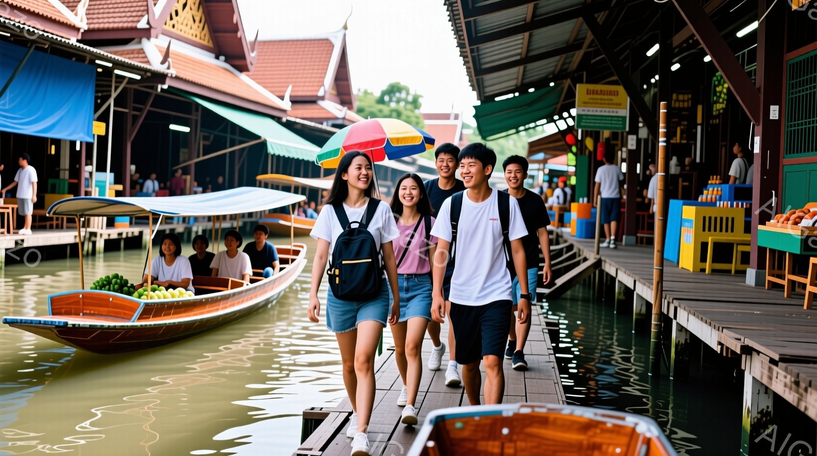 若い女性二人と男性二人が、水路に沿った木製の遊歩道を歩いている。女性は白いTシャツにショートパンツ、男性は白いTシャツに短パンというカジュアルな服装で、皆笑顔でリラックスした様子である。背景には、カラフルな屋台やボートが並び、活気のある市場の雰囲気が漂う、晴天の日の光景である。