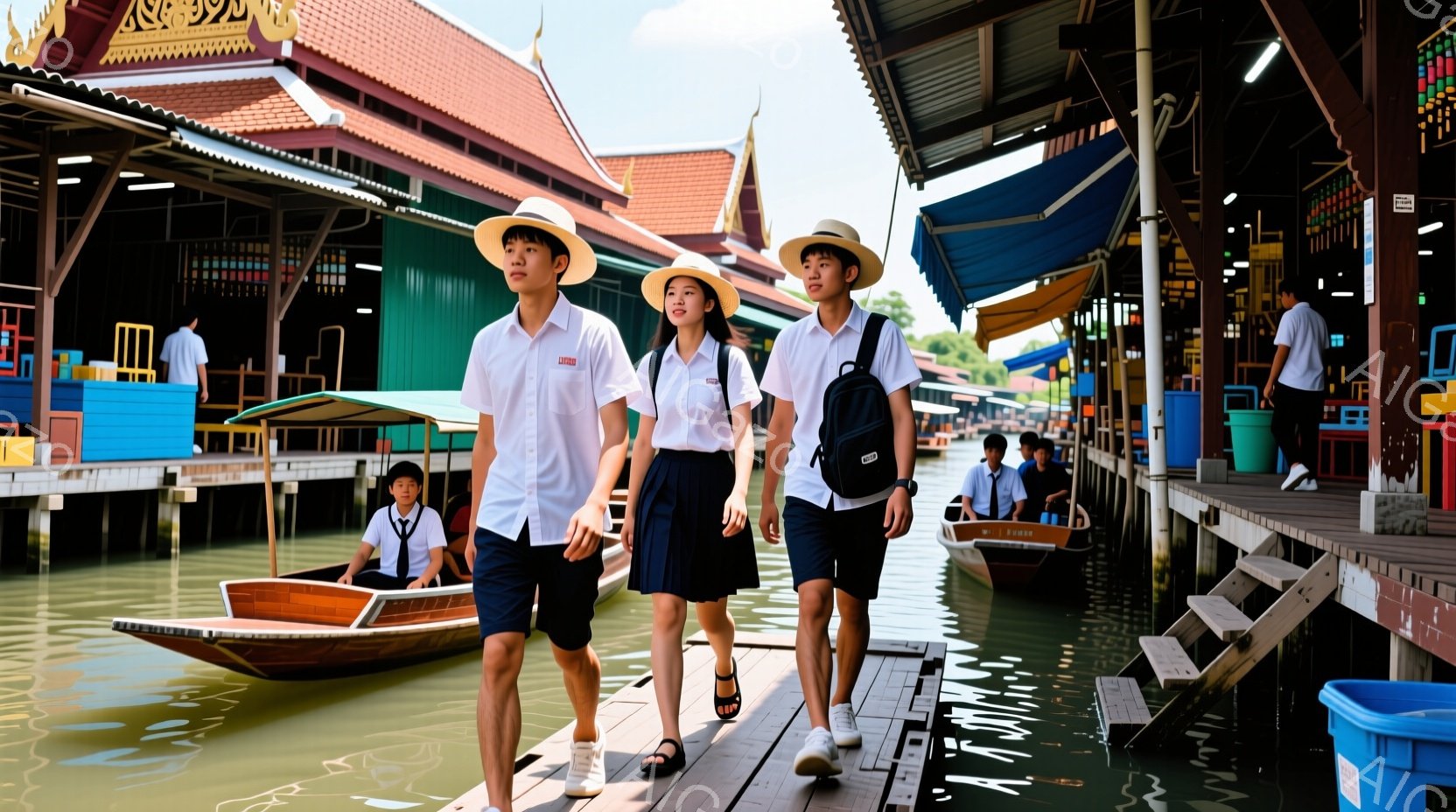 紺色の制服に麦わら帽子を被った女子高生2名と男子高生1名が、水路に沿って続く木製の桟橋を歩いている。背景にはカラフルな建物が並び、水路には伝統的なタイのロングテールボートが浮かんでいる。全体的に明るく、観光地のような雰囲気で、学生たちが楽しそうな旅を楽しんでいる様子が伺える。