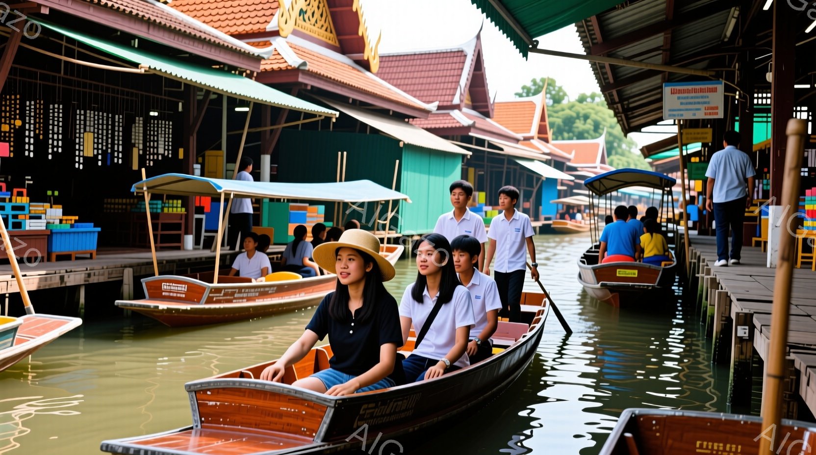 若い女性たちが伝統的なタイのロングテールボートに乗っています。一人は麦わら帽子をかぶり、笑顔を見せており、もう一人は制服を着て少し緊張した表情をしています。背景には、カラフルな建物が立ち並び、水路には他のボートも見られ、活気ある市場の雰囲気が漂っています。