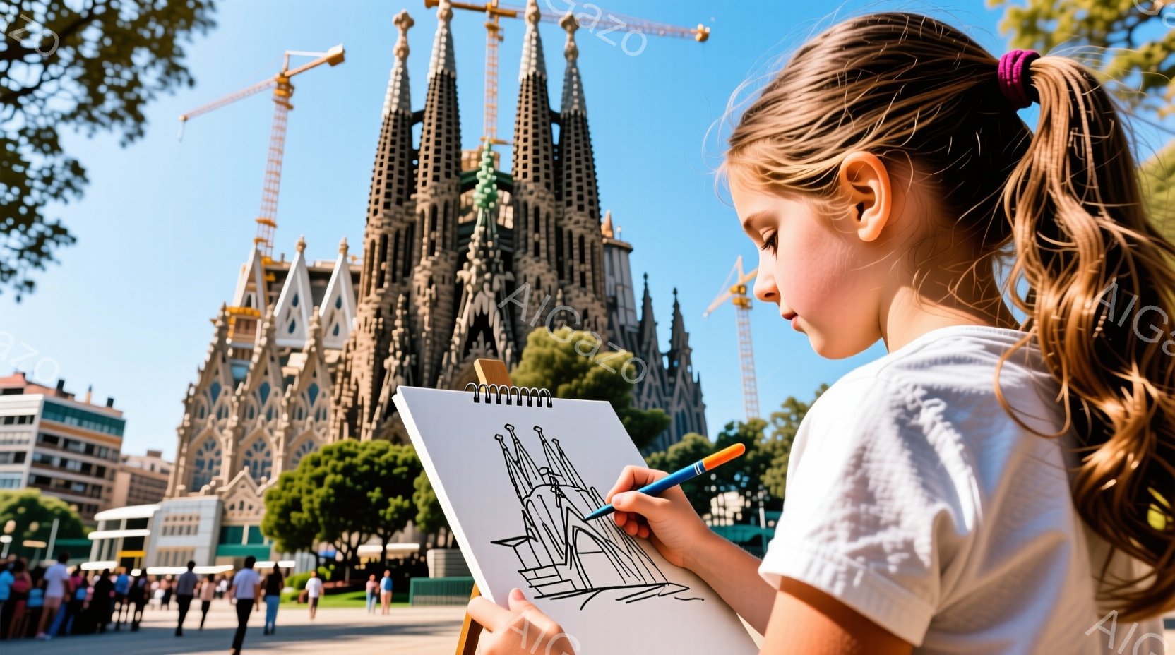 茶髪をポニーテールにした少女が、白いスケッチブックに青いペンで建築物を描いています。背景には、建設中のサグラダ・ファミリア教会と緑の木々、そして晴天の青空が広がっており、多くの人が見えます。少女は集中して描画に励んでおり、穏やかで平和な雰囲気が漂っています。
