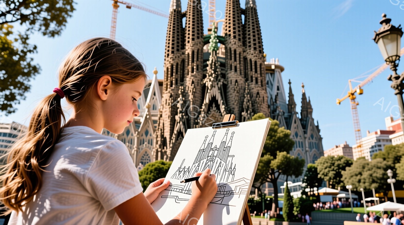 長い茶色の髪をポニーテールにした少女が、バルセロナのサグラダ・ファミリアを模写している。白いシャツを着ており、集中した表情でスケッチブックに向かっている。背景には、壮大なサグラダ・ファミリアの建物と、青空の下の緑豊かな公園、そして建設中のクレーンが見える。