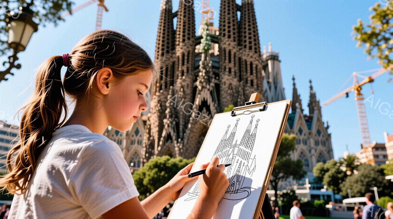 茶髪をポニーテールにした若い女性が、キャンバスに建物の絵を描いています。彼女は灰色のTシャツを着ており、集中した表情で絵を描いています。背景には、バルセロナのサグラダファミリアがそびえ立ち、青空の下、建設中のクレーンが見え、日差しが降り注ぐ暖かい雰囲気です。