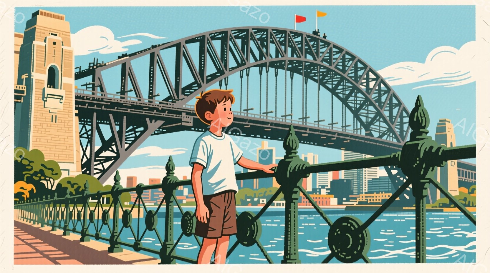 若い少年が、シドニー・ハーバー・ブリッジを背景にフェンスにもたれかかって立っている。彼は白いTシャツと短パンを着用し、短い茶色の髪をしている。背景には、シドニーのスカイラインと穏やかな水面が広がり、青空の下、明るく平和な雰囲気が漂っている。