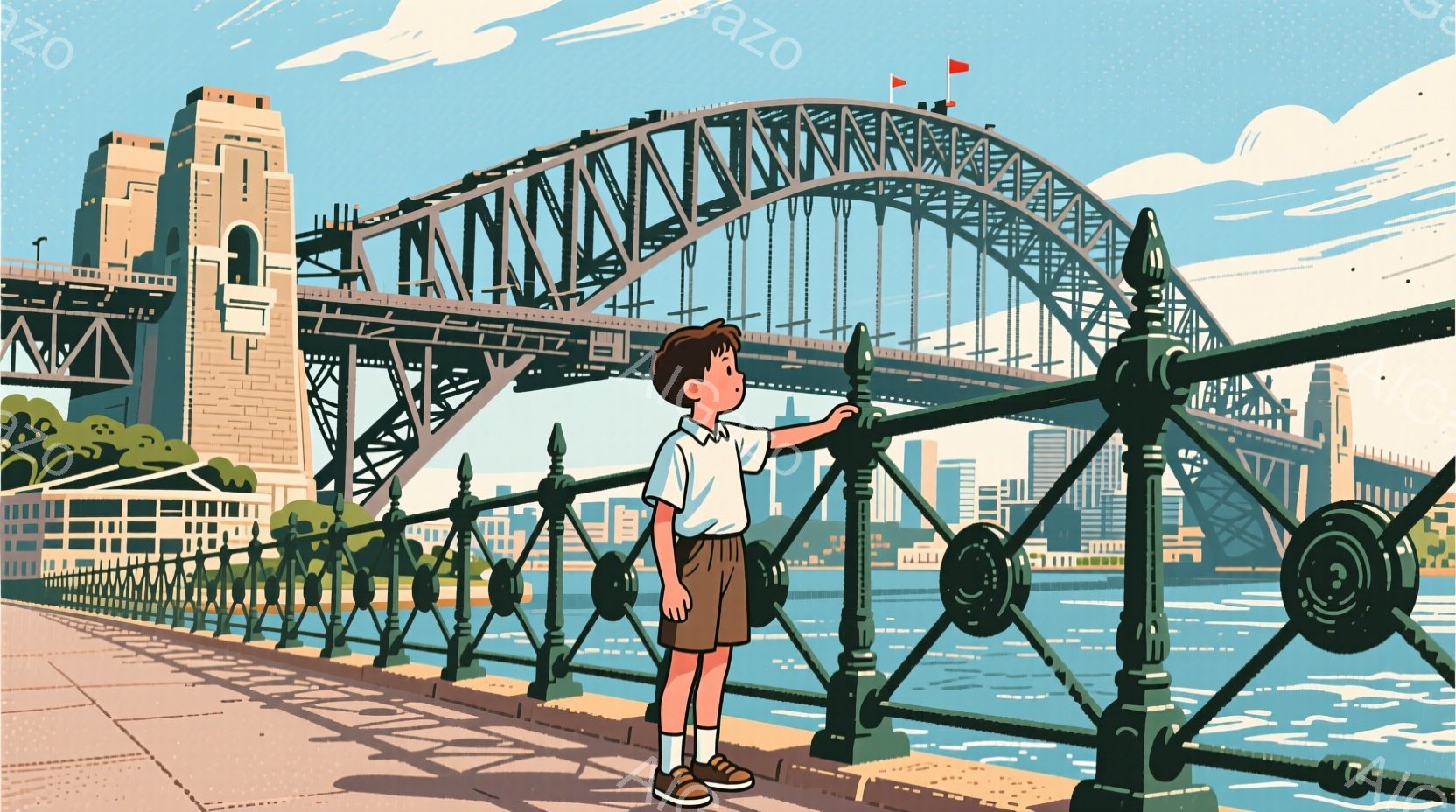 茶髪の少年が、シドニー・ハーバー・ブリッジを背景に欄干に寄りかかっている。少年は白いシャツに紺色のショートパンツ、白のソックスと茶色の靴を履いており、少し上を見ている表情は穏やかで、背景には高層ビル群と青い海が広がり、晴天の穏やかな一日を思わせる。全体的に、ノスタルジックで平和な雰囲気が漂うイラストである。