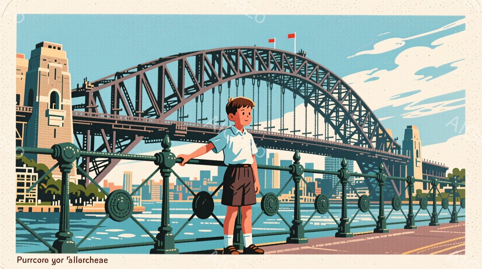 少年は、クリーム色のシャツに濃い青色の短パン、白い靴下、そして短い茶色の髪で、桟橋の手すりに寄りかかっています。背景には、シドニー・ハーバー・ブリッジと、都市のスカイライン、そして水面に浮かぶ船が見え、晴れた日の穏やかな雰囲気が漂っています。全体的に、イラスト調で、レトロな色使いが印象的です。