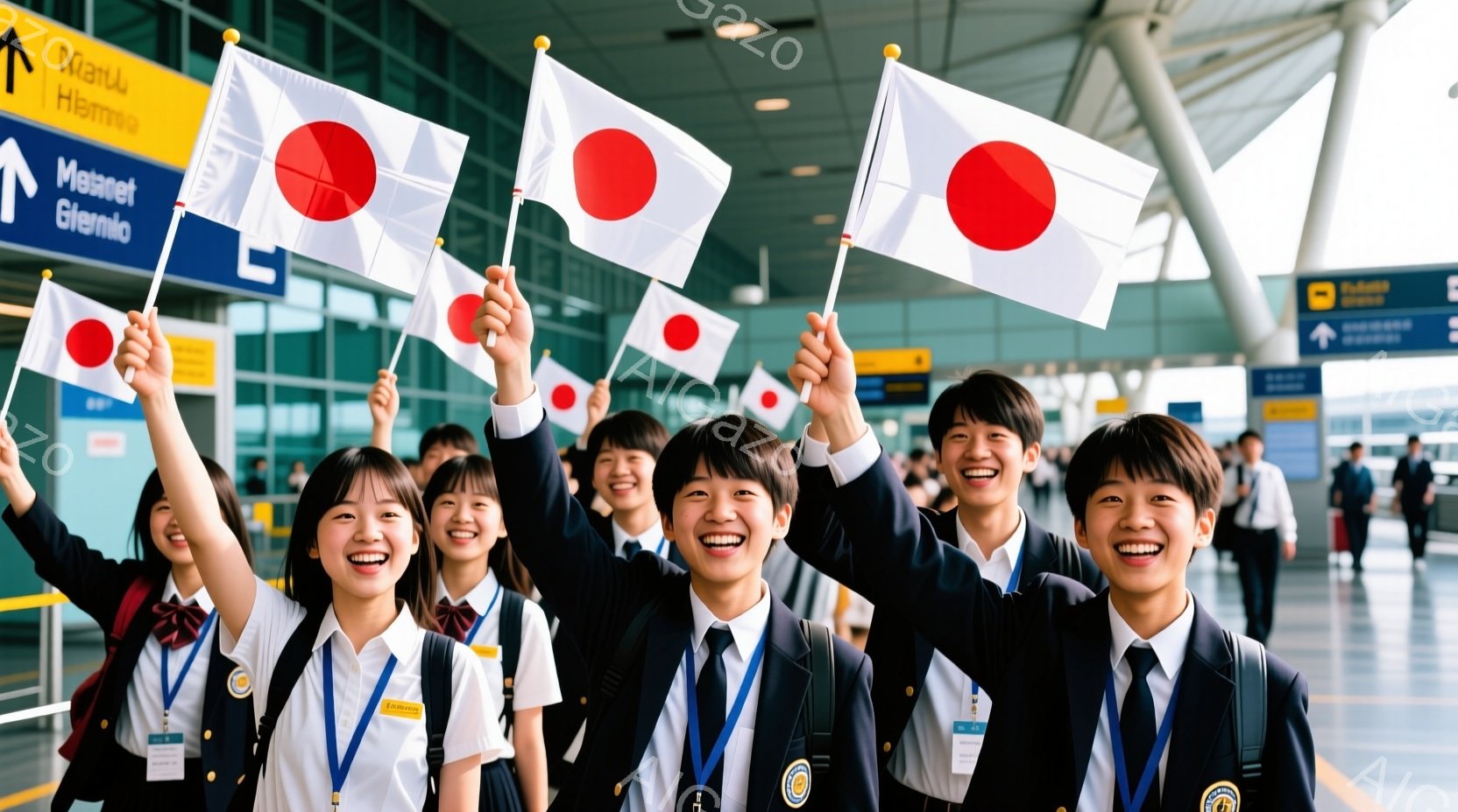 若者たちが日本国旗を掲げ、明るい笑顔でこちらを見ている写真です。彼らは紺色のブレザー、白いシャツ、そして黄色いスカーフを身につけており、皆一様に楽しそうな表情をしています。背景は空港の内部で、天井には案内表示があり、全体的に明るく希望に満ちた雰囲気が漂っています。