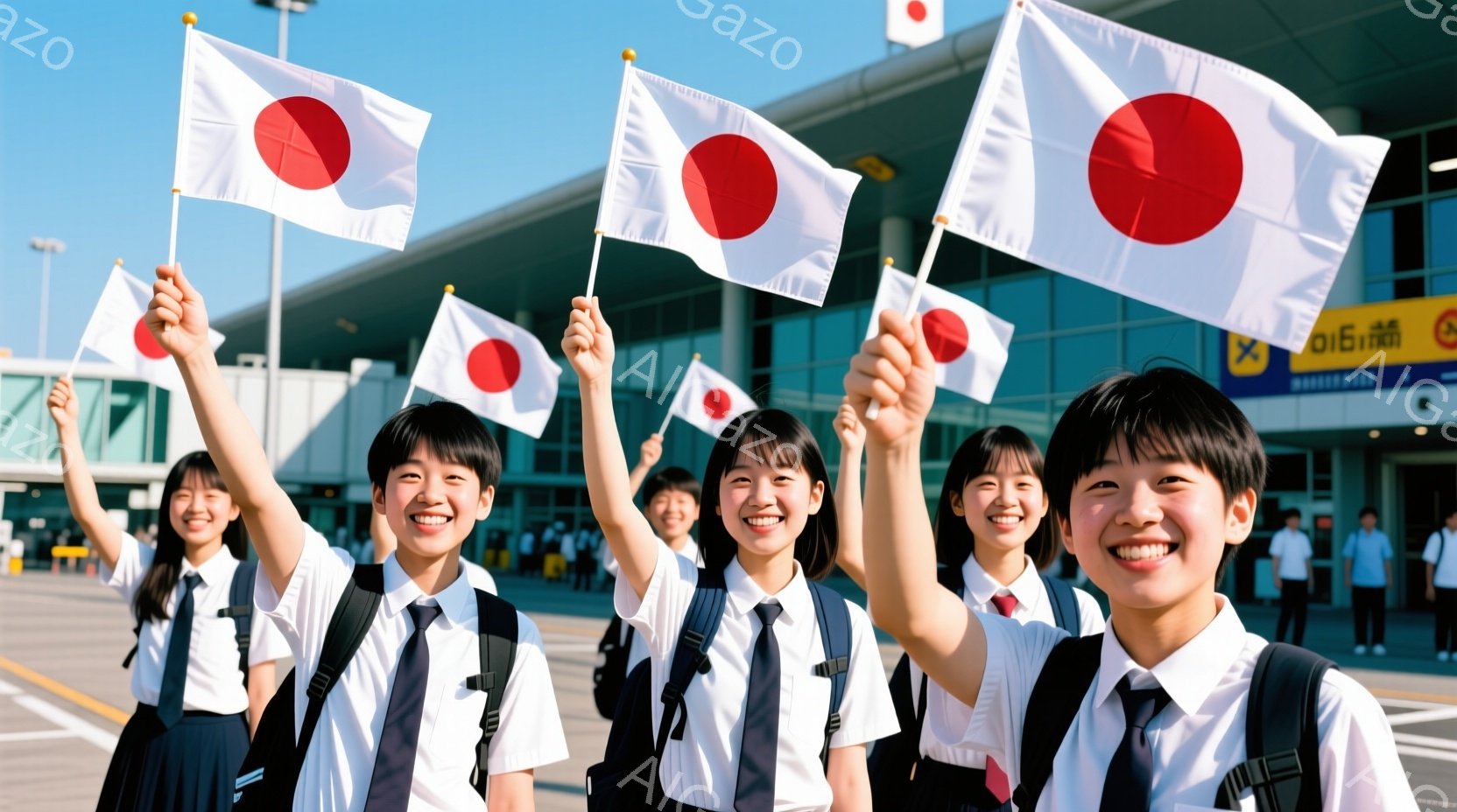 制服を着た女子高生たちが、日本の国旗を手に高く掲げ、笑顔でこちらを見ている。背景には空港の建物やターミナルが見え、晴天の下で青空が広がっている。全体的に、明るく、活気に満ちた、お祝いの雰囲気を感じさせる。
