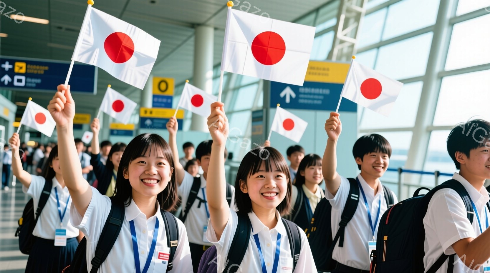 若者たちが日本国旗を掲げ、笑顔で立っている様子が写っている。彼らは皆、白いシャツにネクタイ、黒いジャケット、そして肩掛けのバッグを身につけており、首にはIDカードのようなものを下げている。背景は空港の - AI生成フリー素材