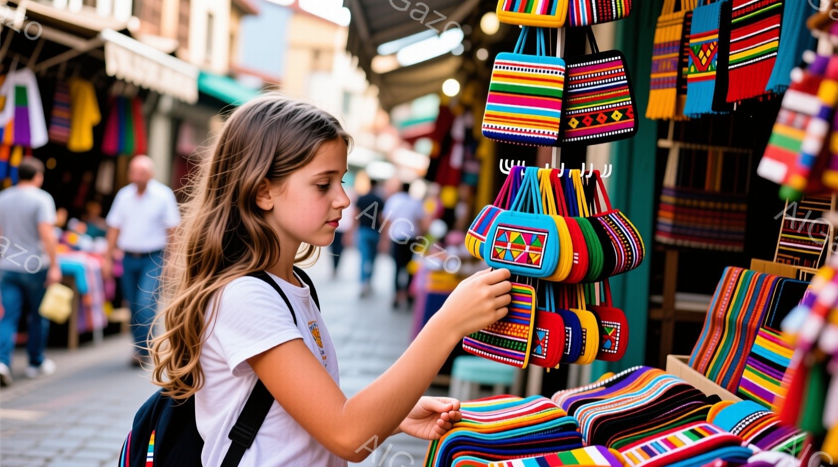 少女がカラフルな手作りのバッグが並んだ市場で、一つを選ぼうとしています。彼女は白いTシャツとリュックサックを身に着け、髪は肩まで伸びています。背景には石畳の道、市場の屋根、そして他の買い物客が見え、活気のある夏の日の雰囲気が漂っています。