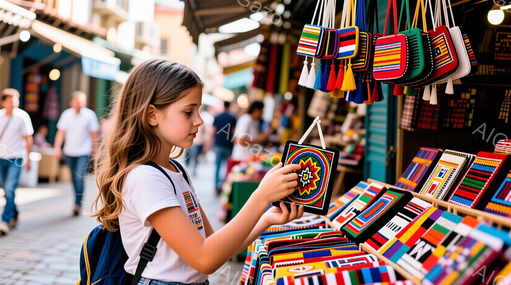 少女はカラフルな刺繍が施されたポーチや財布が並ぶお店で、黒地に星形の模様が入った財布を手に取って眺めている。彼女は白いTシャツにバックパックを背負い、髪は肩まで伸びて少しカールしている。背景には石造りの建物が見え、多くの人が歩いていることから、賑やかな観光地の市場の様子が窺える。