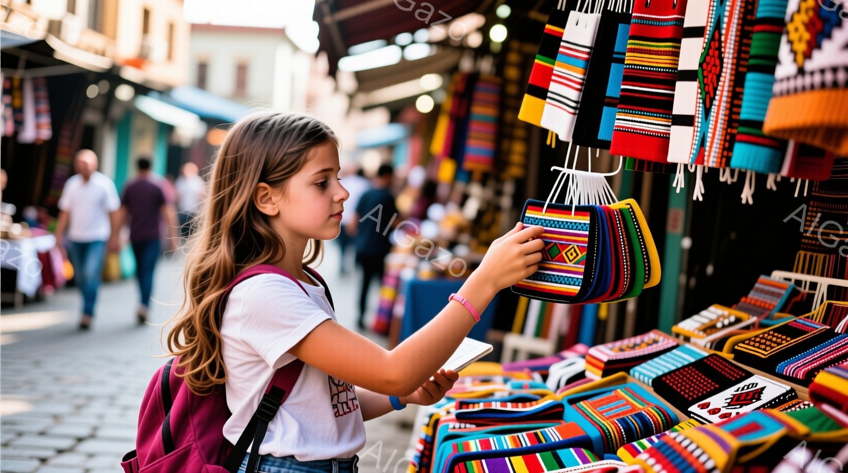 若い女性が市場で手作りのバッグを手に取って検討しています。彼女は白いTシャツとリュックサックを着ており、髪は肩まで伸ばした巻き髪です。背景にはカラフルな織物製品が並び、石造りの建物と人々が見え、活気のある市場の雰囲気が漂っています。