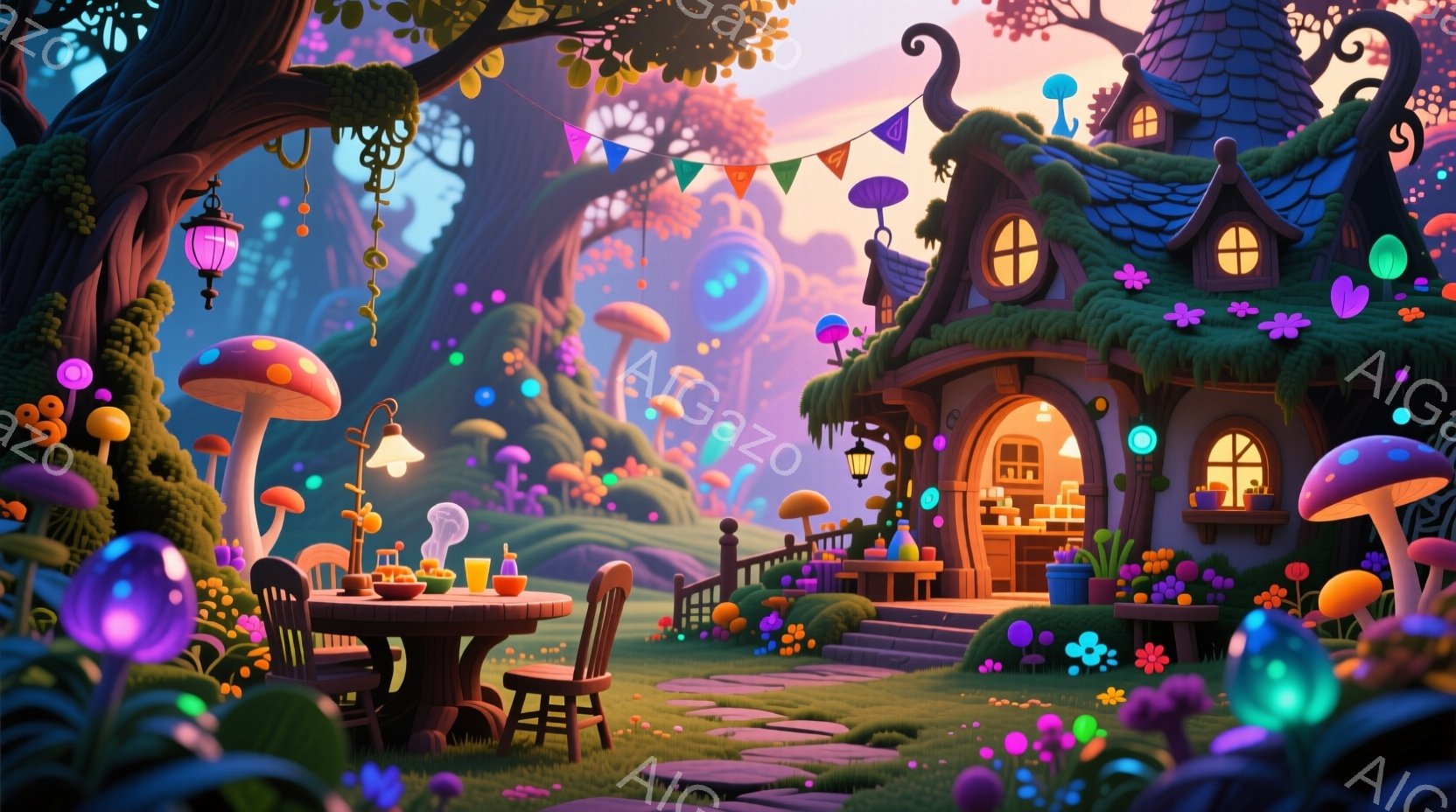 幻想的な森の中に、可愛らしい家と庭園が広がっています。カラフルなキノコや花々が咲き乱れ、テーブルには食事の準備が整えられ、暖かな光が灯っています。全体的に、おとぎ話の世界のような、夢と希望に満ちた雰囲気です。