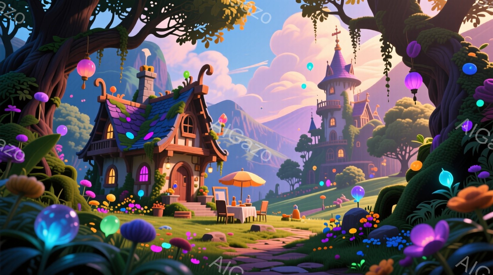 鮮やかな緑の丘陵地帯に、可愛らしいデザインの家々が点在しています。片方の家にはパラソルとテーブルが置かれたテラスがあり、まるでティーパーティーが開かれるかのような雰囲気が漂っています。背景には、青い空と、霞んだ山々が広がり、幻想的な雰囲気を醸し出しています。