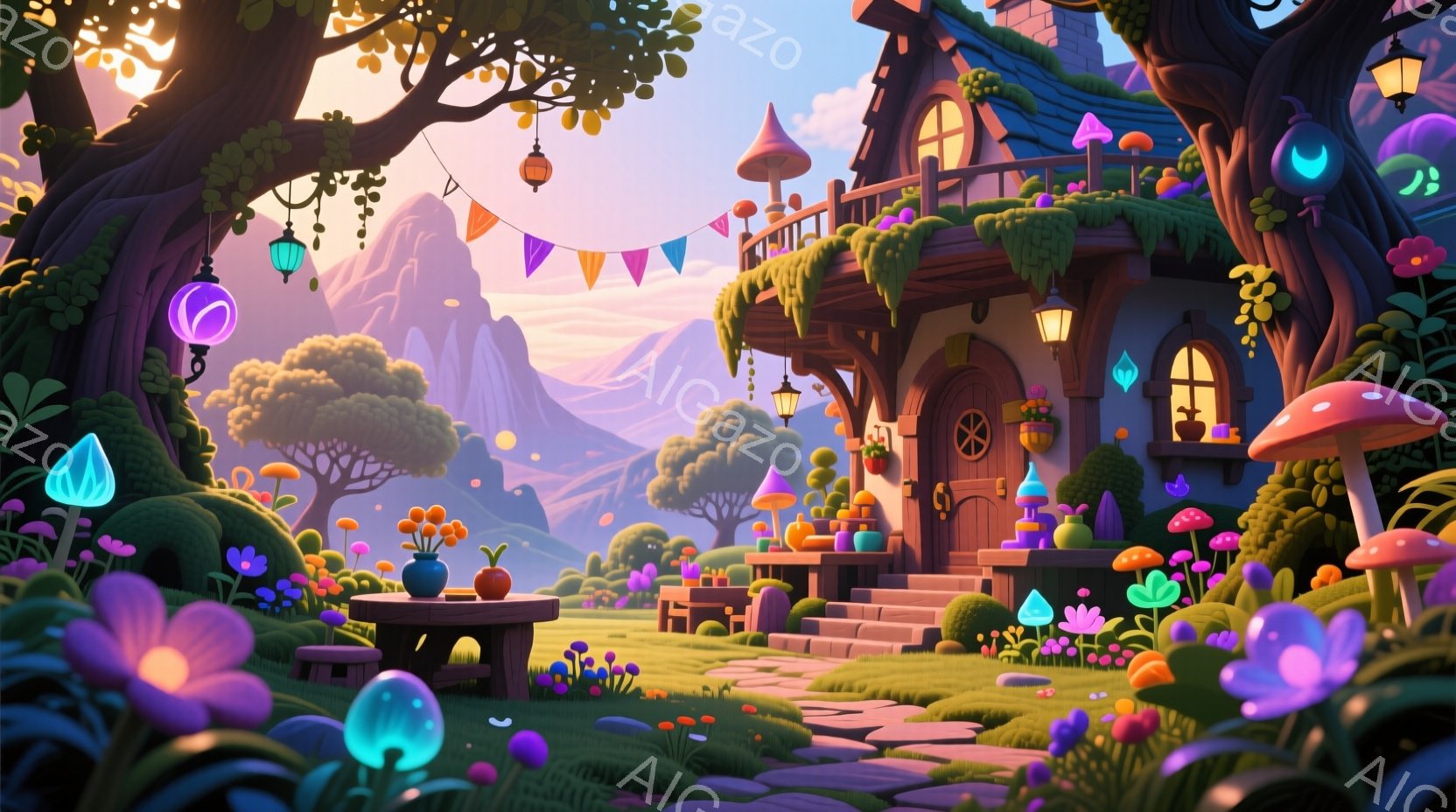美しいファンタジーの世界が広がっており、可愛らしいキノコ型の家が中央に位置しています。家は緑豊かな植物で飾られ、カラフルな花や光るキノコが咲き乱れています。遠景には、霞んだ山々と穏やかな夕焼け空が広がり、全体的に温かく、おとぎ話のような雰囲気が漂っています。