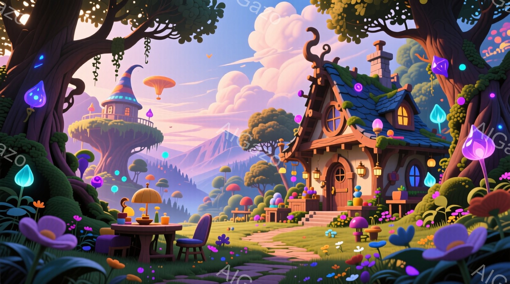 緑豊かな風景の中に、可愛らしいキノコ型の家と、その横に置かれたテーブルと椅子が見える。背景には、遠くの山々と、ふわふわとした雲が広がり、まるでファンタジーの世界に迷い込んだような雰囲気である。色とりど - AI生成フリー素材
