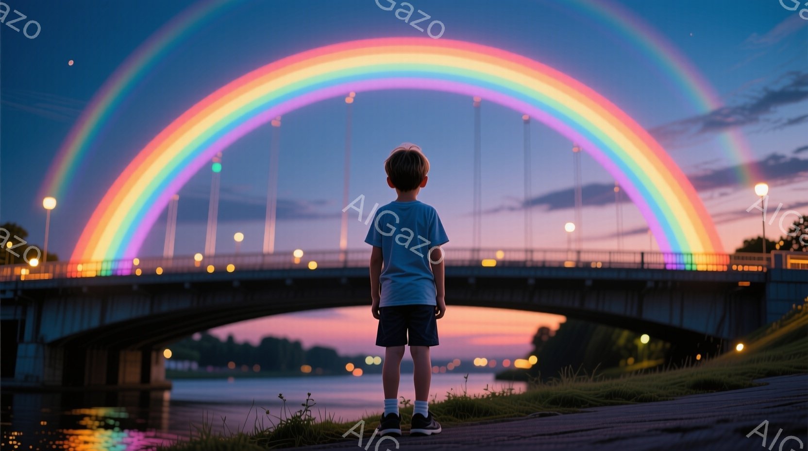 見晴らしの良い丘の上に立つ少年は、青いTシャツと紺色の短パンを着て、背中に向けて立っています。背景には、虹が架かった橋が広がり、水面には街の灯りが反射しています。全体的に、夕暮れ時の穏やかで幻想的な雰囲気が漂っています。