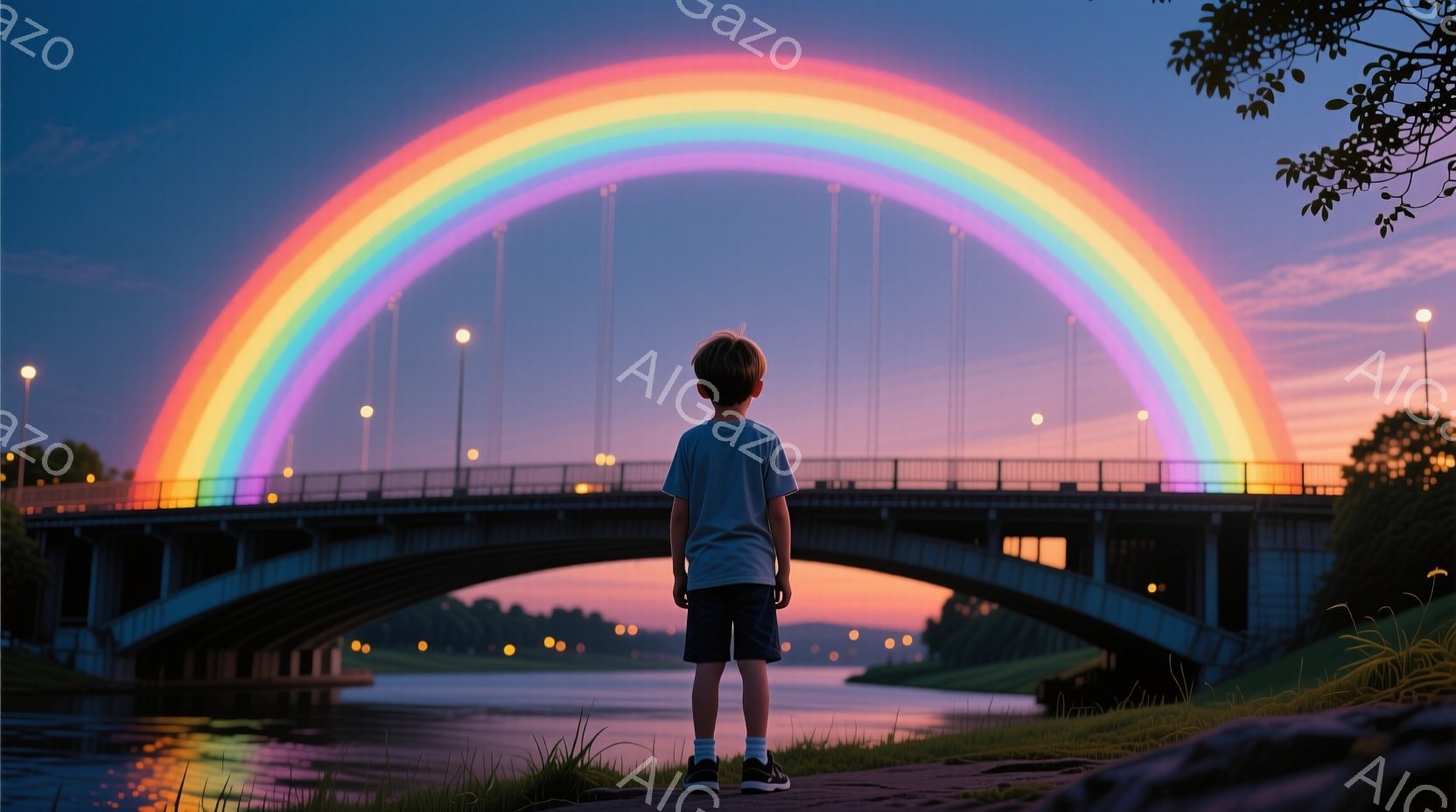 少年は、水面を越えて弧を描く鮮やかな虹を背にして立っている。彼は青いTシャツと短いズボンを着用し、後ろ姿からは穏やかな雰囲気が伝わる。背景には、夕暮れ時の穏やかな川と、その上を架かる橋が広がり、全体的 - AI生成フリー素材
