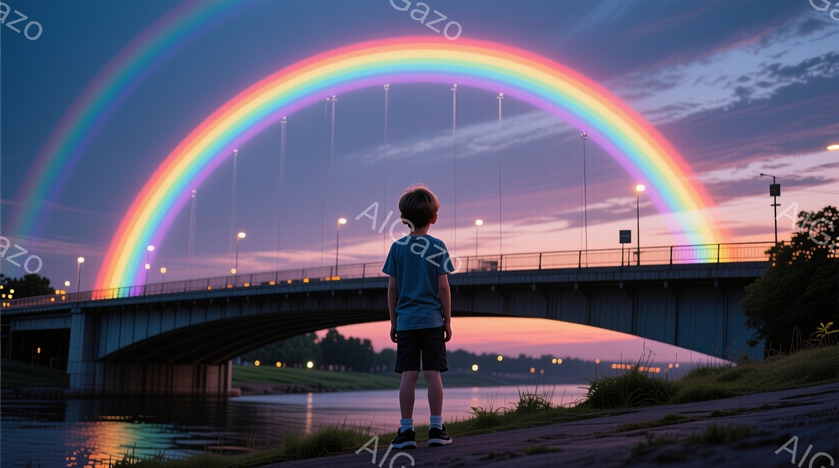 少年は、水面を挟んで橋が架かる風景を背にして立っている。彼は青いTシャツと短いズボンを身につけ、短い髪をしている。背景には鮮やかな虹が架かり、水面に反射して幻想的な雰囲気を醸し出している。 - AI生成フリー素材
