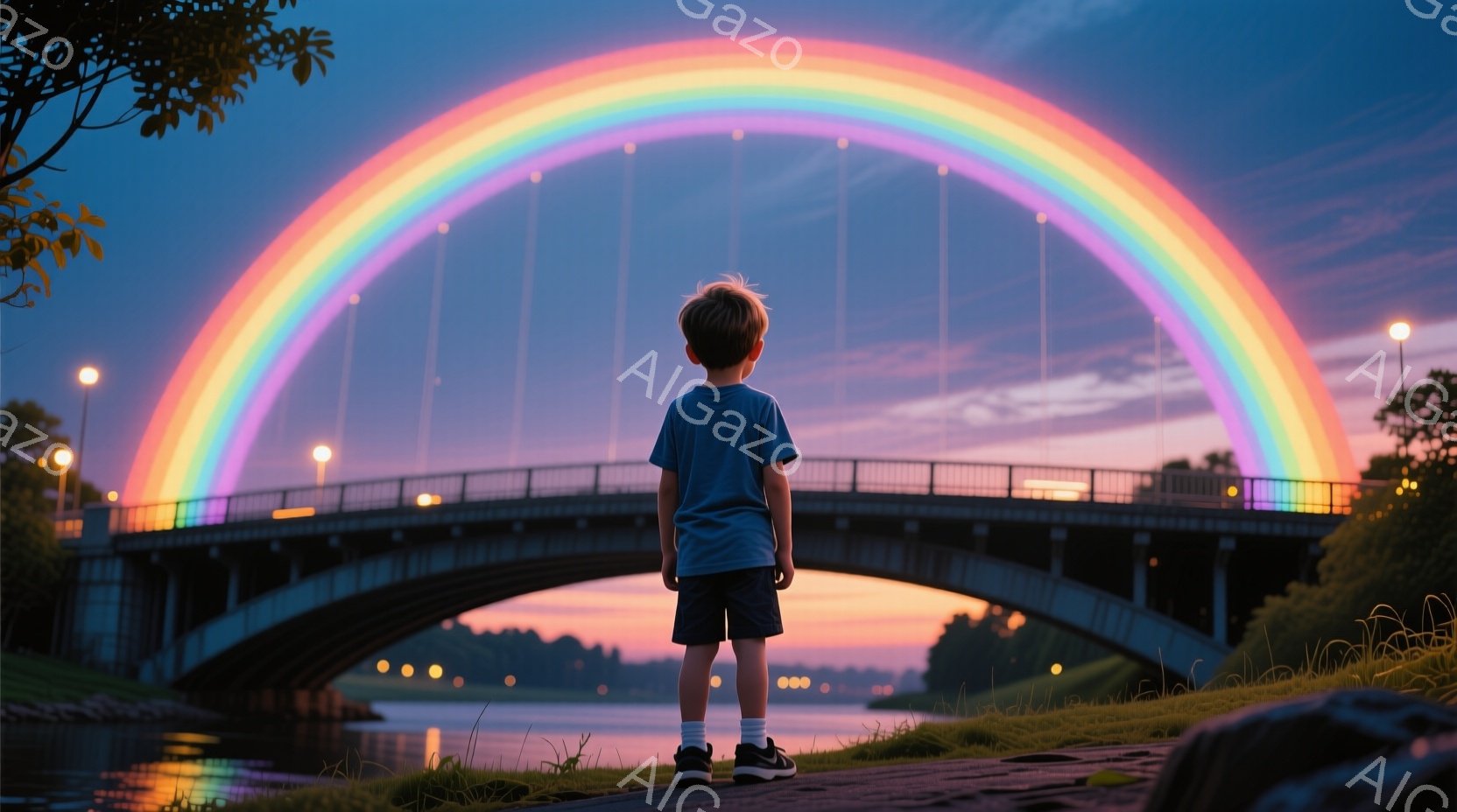 青いTシャツと黒い短パンを履いた少年が、川にかかる橋を背にして立っている。鮮やかな虹が橋を背景に架かり、水面には橋と街の明かりが反射している。夕暮れ時の空は薄紫とオレンジ色に染まり、全体的に穏やかで幻 - AI生成フリー素材