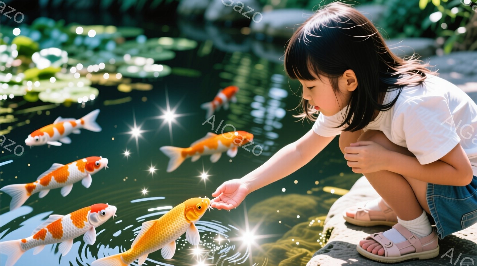小さな女の子がひざまずいて池に餌をあげています。白いTシャツとデニムのオーバーオール姿で、サンダルを履いています。池にはオレンジと白の美しい鯉が泳ぎ、水面にはきらめきが散りばめられ、平和で穏やかな雰囲気を醸し出しています。