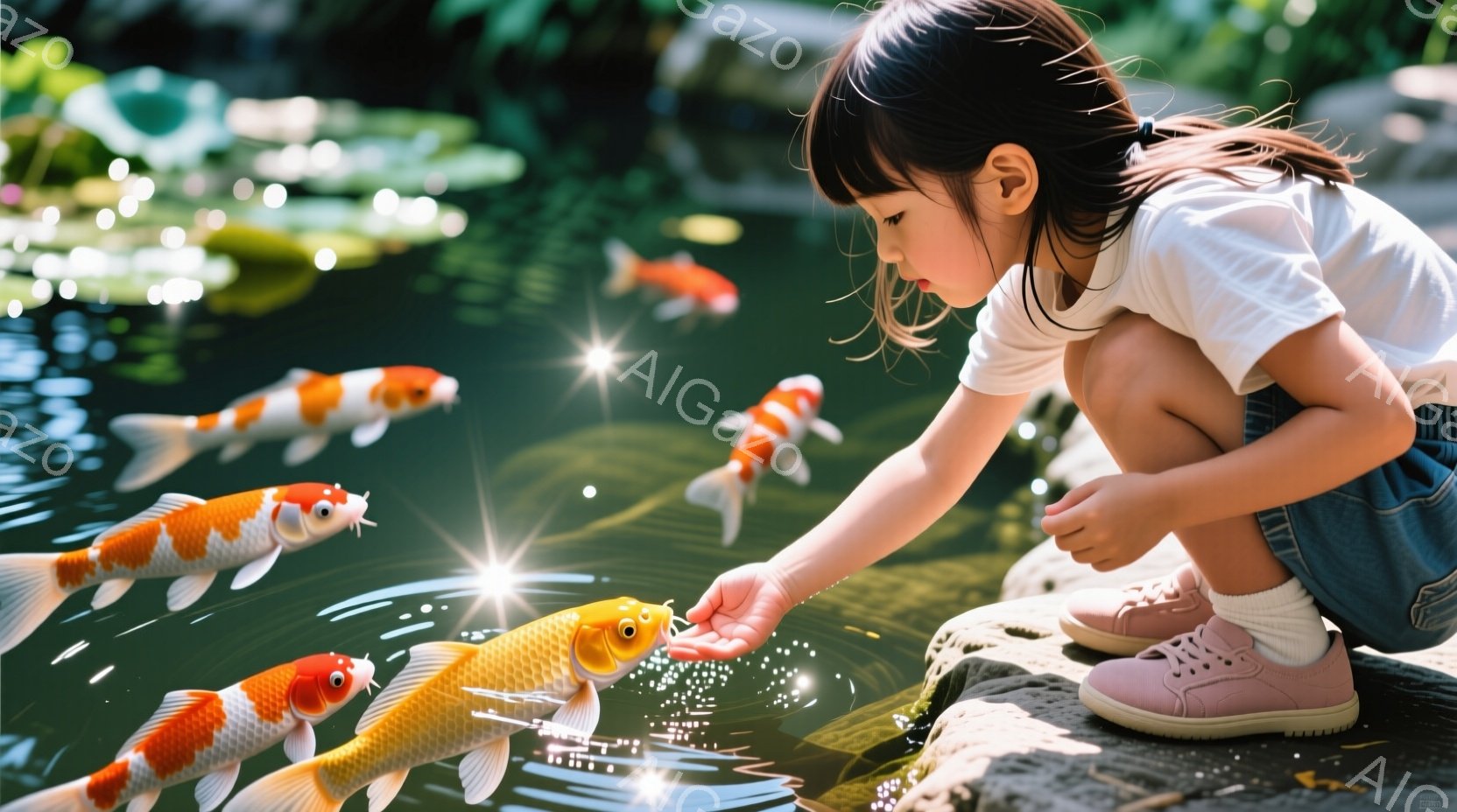 少女は膝をつき、池の金魚に手を伸ばしています。白いTシャツとピンクのスニーカーを履き、黒髪を後ろで束ねています。池には鮮やかな金色の金魚が泳ぎ、周囲は緑豊かな自然に囲まれており、穏やかで平和な雰囲気が漂っています。