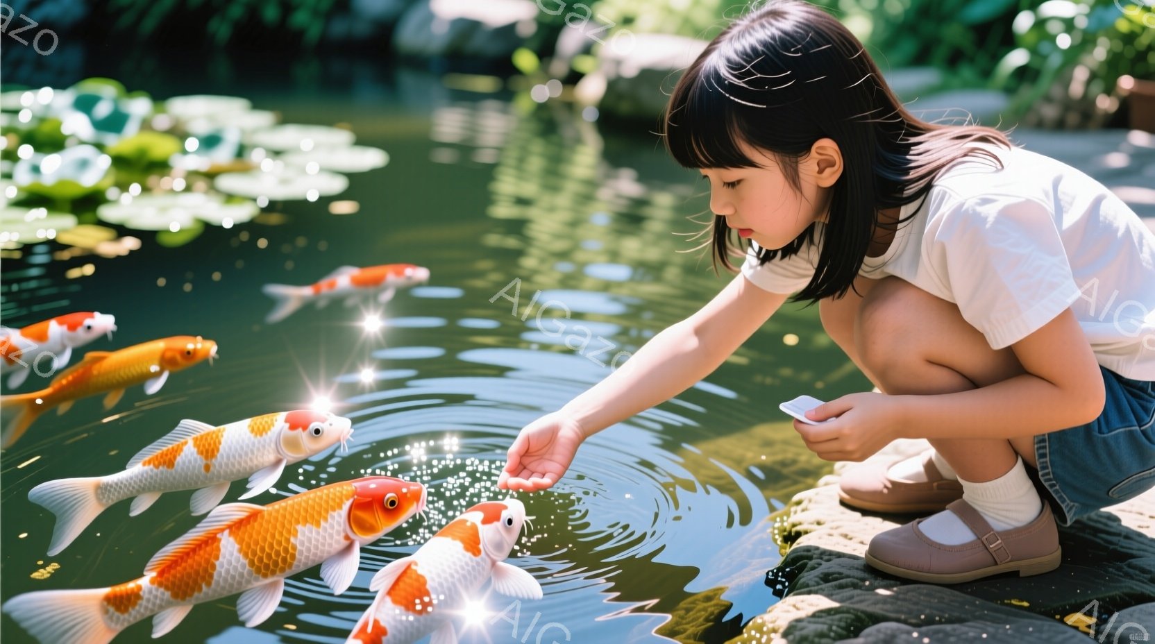 茶色い髪を後ろで一つに結んだ幼い女の子が、池の縁にひざまずいて鯉に餌をあげています。白いTシャツと茶色の靴を履いており、水面に映る鯉たちを優しい表情で見つめています。背景には緑豊かな植物と日差しが差し込み、穏やかで平和な雰囲気が漂っています。