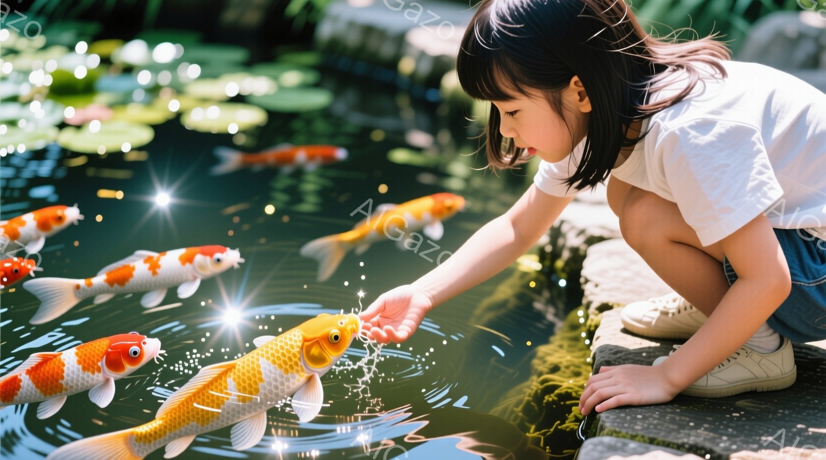 茶色と白の模様の鯉が水面近くで泳ぎ、一人の少女が手を伸ばして鯉に触れようとしています。彼女は白いTシャツとジーンズ姿で、髪は後ろで結ばれており、鯉を見つめる真剣な表情をしています。背景には緑豊かな植物と、水辺の石組みが見え、水面には光が反射してキラキラと輝き、穏やかで平和な雰囲気が漂っています。