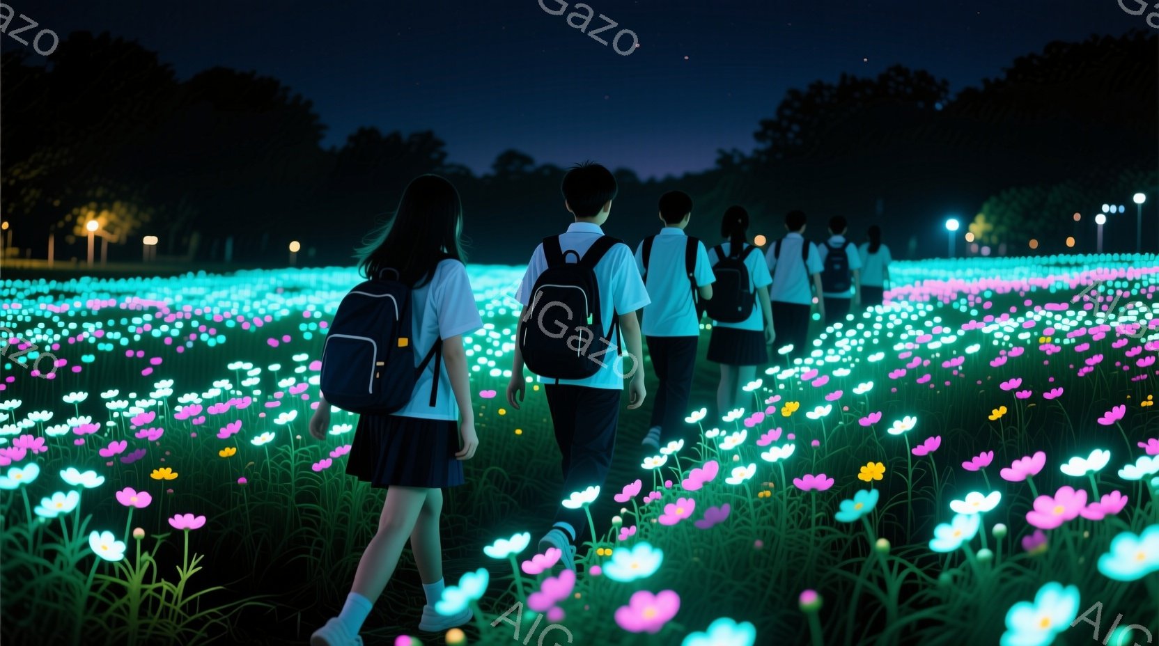 夜間の光る花畑を、制服を着た学生たちが歩いている様子が写っている。紺色のスカートと白いシャツの制服を着た女子生徒は、黒い髪を後ろでまとめ、男子生徒たちは黒髪の短い髪型で、皆リュックサックを背負っている。背景には暗い木々が見え、夜空には数個の星が輝き、全体的に幻想的で穏やかな雰囲気を醸し出している。