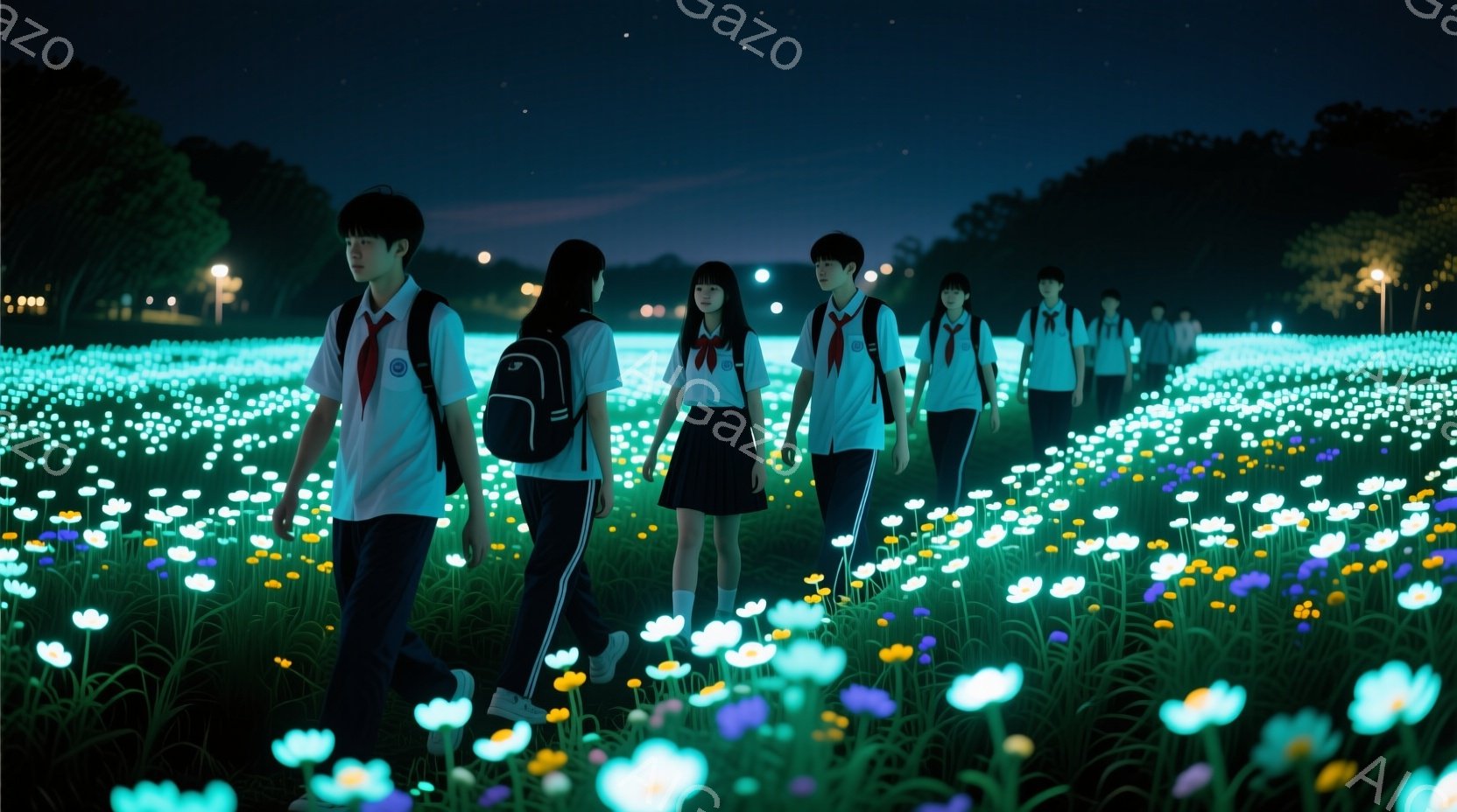 制服姿の学生たちが、光る花畑の中を列になって歩いている。彼らは皆、白いシャツにスカートまたはズボン、赤いリボンまたはネクタイを着用し、肩にリュックサックを背負っている。背景は暗い木々のシルエットで、夜 - AI生成フリー素材