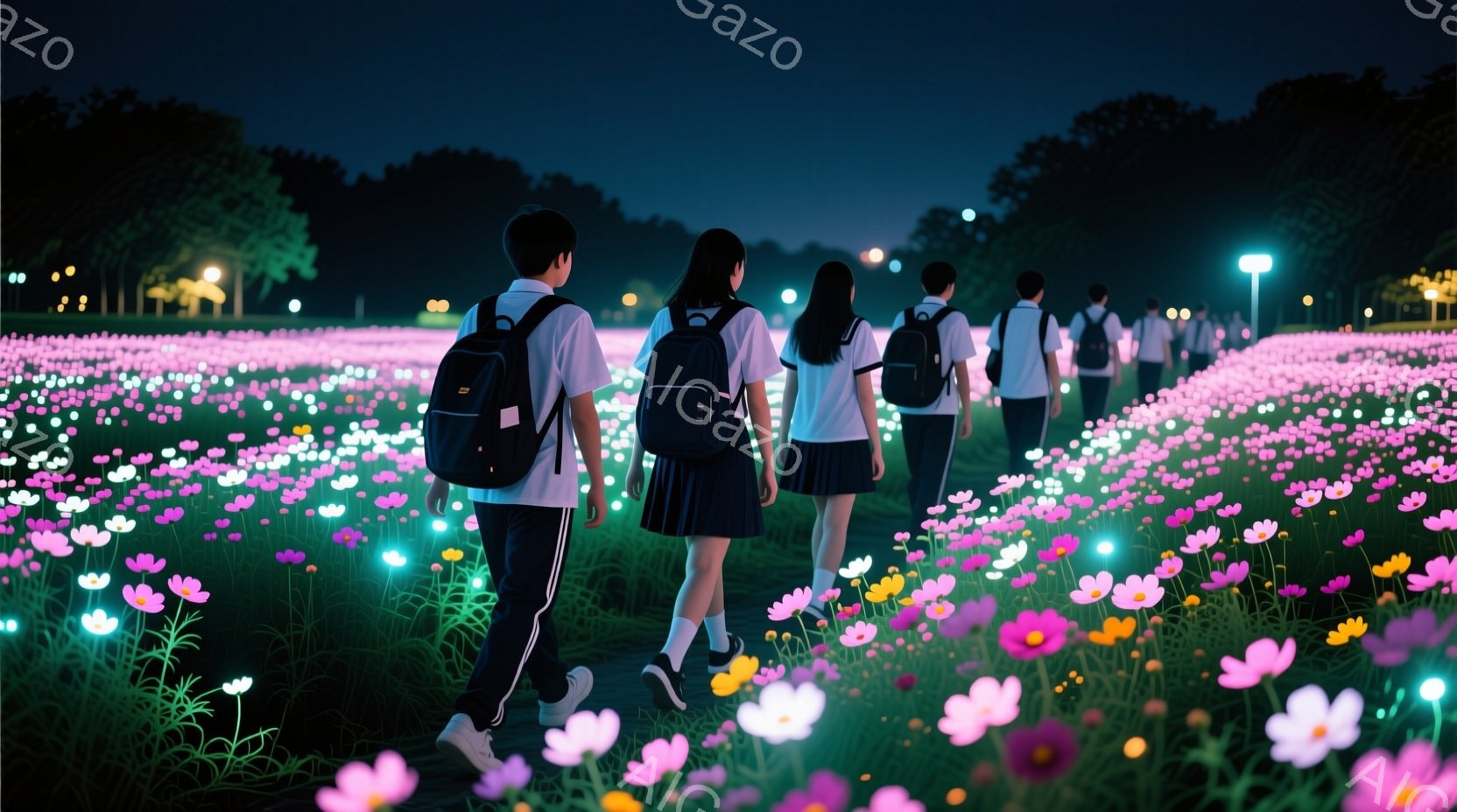 学生たちは皆、リュックサックを背負い、ピンクや紫色の花畑の中を歩いている。紺色のスカートと白いシャツという制服姿で、皆後ろを向いており、表情ははっきりとは見えないが、楽しそうな雰囲気を感じさせる。背景 - AI生成フリー素材