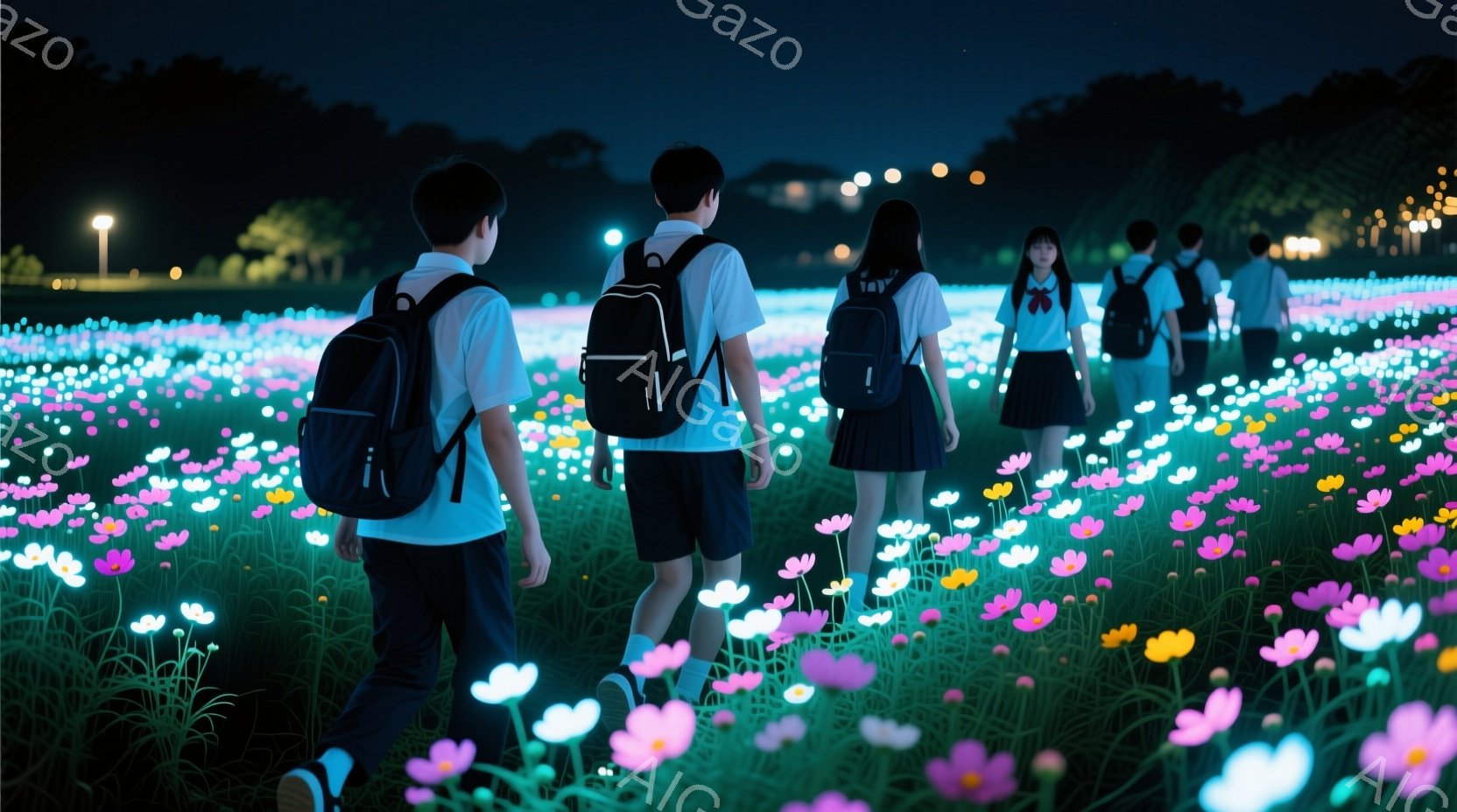 夜間に花畑を歩く制服姿の学生たちのグループが写っている。彼らは皆、リュックサックを背負い、前かがみになりながら、色とりどりの光る花々の中を歩いている。背景は暗く、わずかな街灯の光と緑豊かな自然が見え、幻想的で夢のような雰囲気を醸し出している。