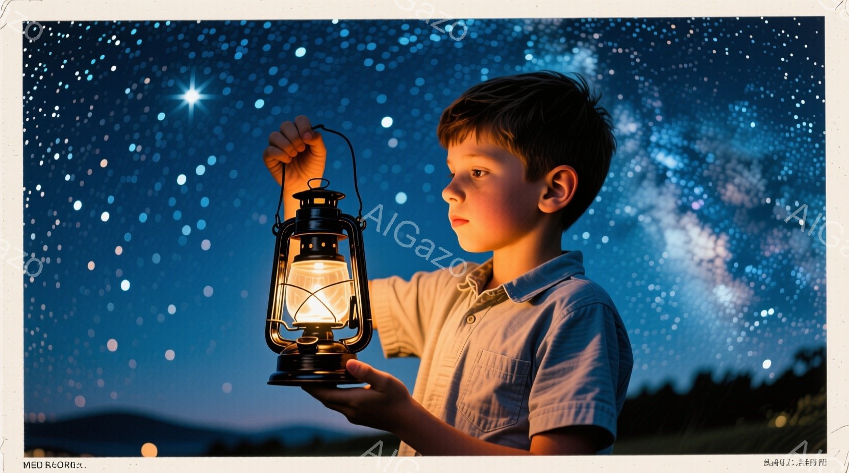 若い少年が古い様式のランタンを高く掲げています。彼はボタンダウンの白いシャツを着ており、短く刈り込んだ髪と真剣な表情をしています。背景には夜空に輝く星々と、ぼんやりとした山並みが広がっており、幻想的で - AI生成フリー素材