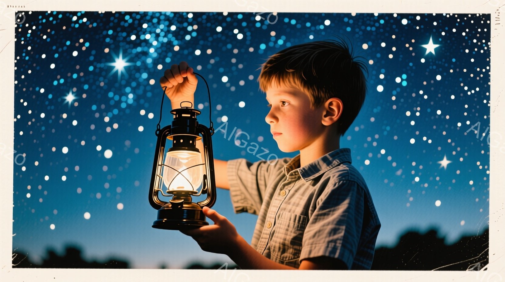少年の視線は遠くを捉え、手に提灯を持っている。彼は縞模様のシャツを着ており、短く刈り込まれた髪をしている。背景は夜空で、無数の星が輝き、静かで神秘的な雰囲気を醸し出している。