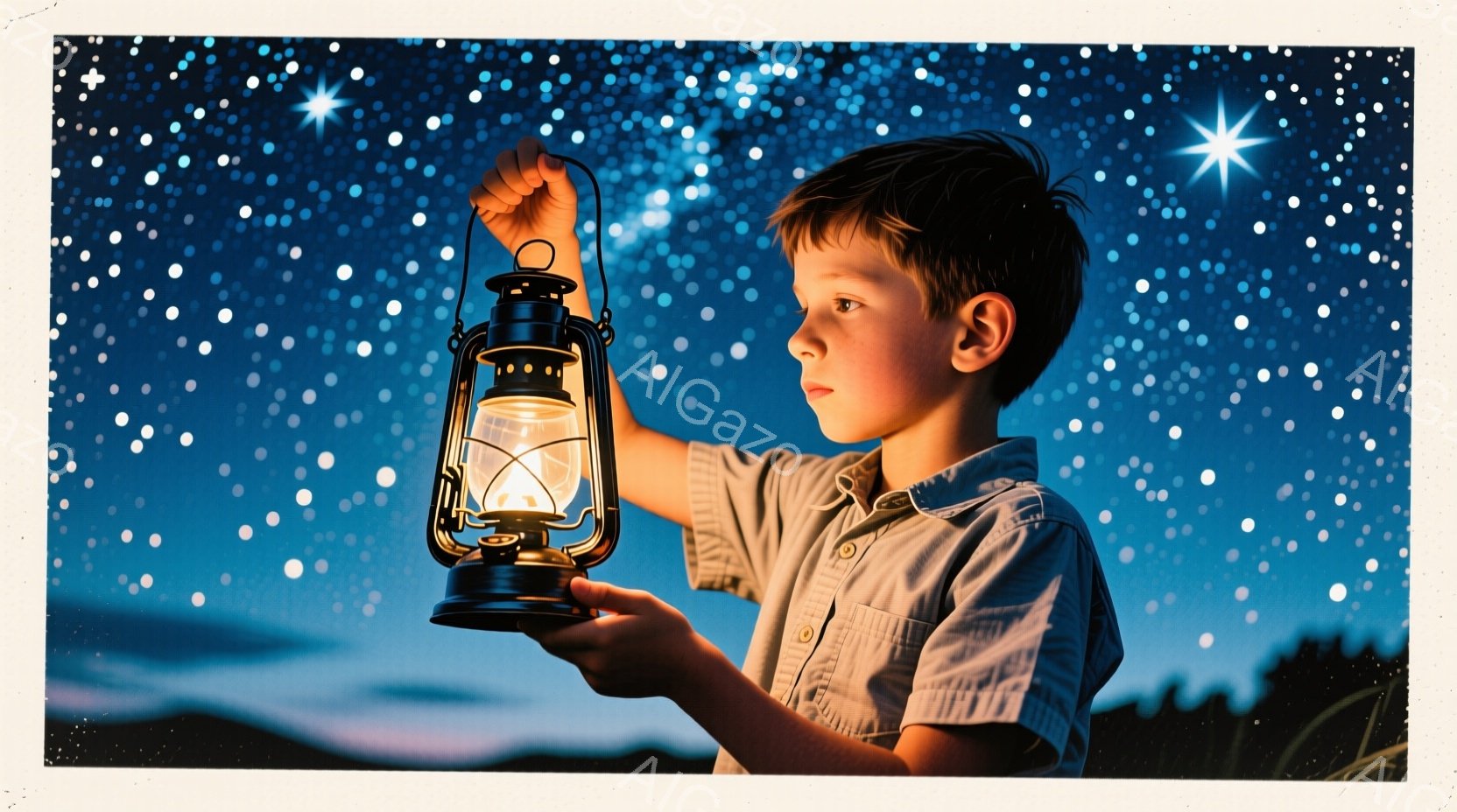 金髪の少年が、古風な石油ランタンを高く掲げています。彼は薄いベージュ色のシャツを着ており、少し前かがみの姿勢でランタンを見つめています。背景は、星が輝く夜空と、遠くに見える丘陵のシルエットで、全体的に幻想的で静謐な雰囲気を醸し出しています。