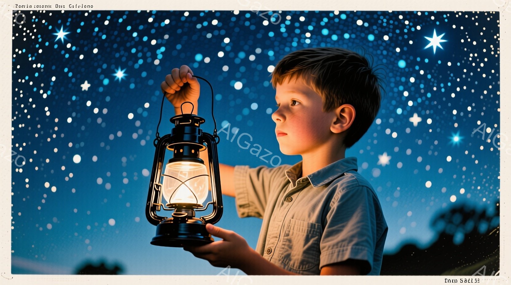 若い少年が、古い石油ランタンを高く掲げています。彼はベージュ色のシャツを着ており、短く刈り込まれた髪と少し憂いのある表情をしています。背景は夜空で、星が散りばめられており、遠くには木のシルエットが見え、全体的に幻想的でノスタルジックな雰囲気を醸し出しています。