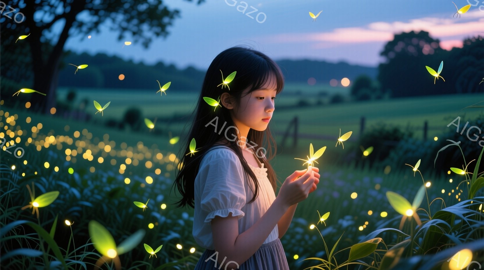 長い黒髪を後ろで一つに結んだ少女が、指先に光る蛍を覗き込むように見つめている。淡いクリーム色のワンピースを着ており、周囲には多くの蛍が舞っている。背景は緑豊かな草原と遠くに見える木々で、夕暮れ時の穏や - AI生成フリー素材