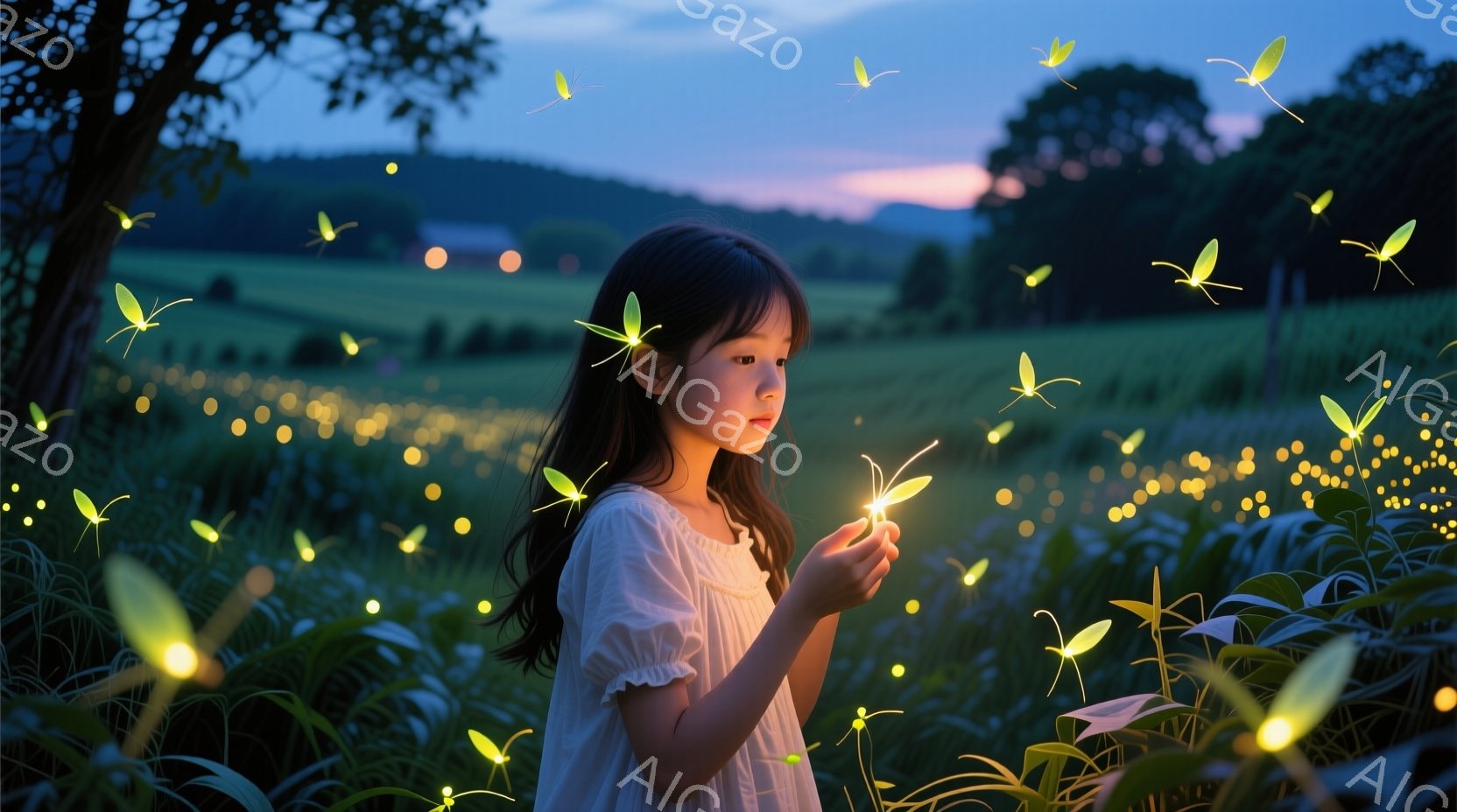長い髪を後ろに流した少女が、指先に光る蛍を見つめています。白いワンピースを着ており、背景には緑豊かな草地と遠くの山々が広がっています。夕暮れ時の柔らかな光と、幻想的な蛍の光が、静かで温かい雰囲気を醸し出しています。