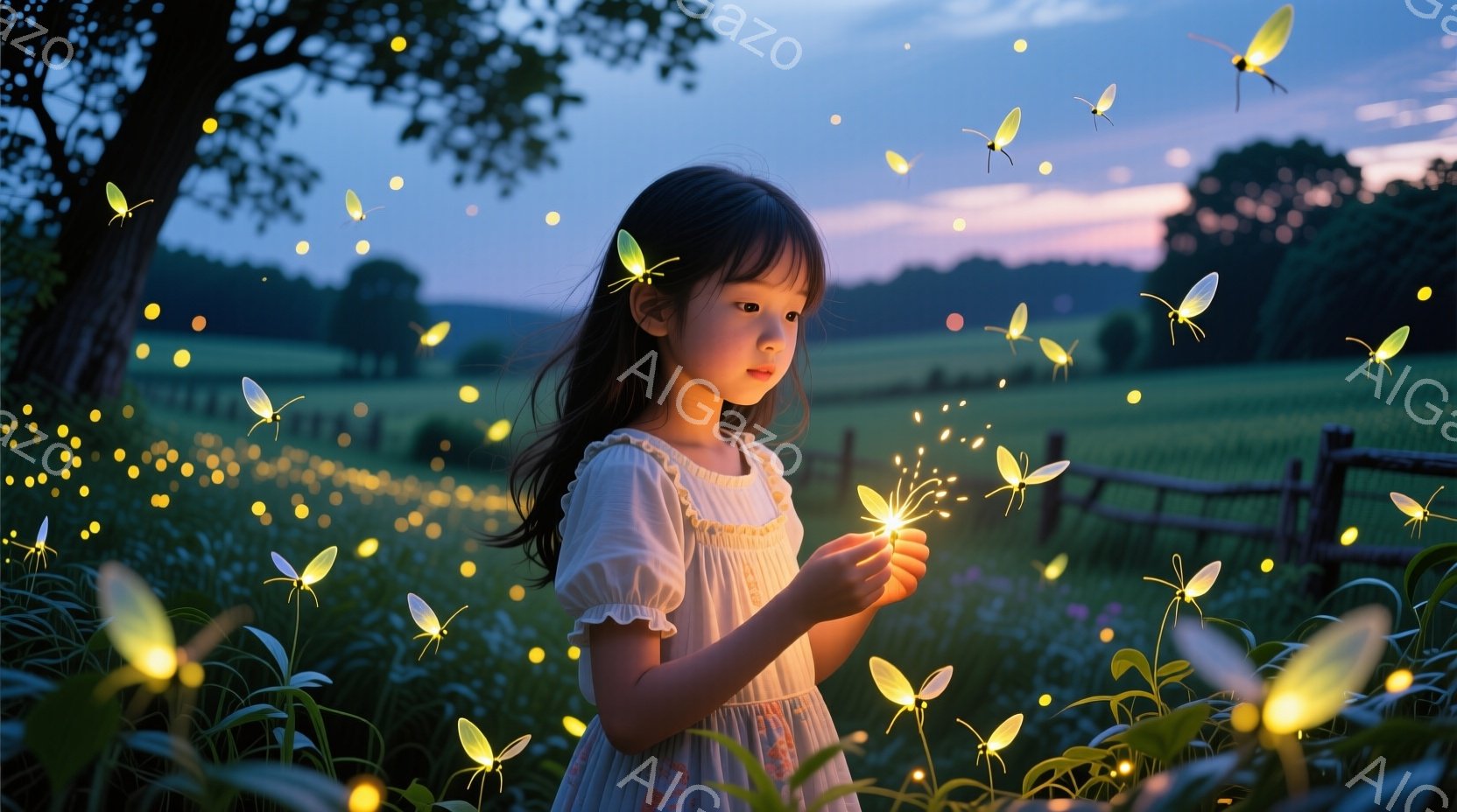 長い髪を背中に垂らし、白いワンピースを着た少女が、たくさんの光る虫（蛍）に囲まれています。彼女は手を前に出し、何かの光るものを握っており、少し下を見つめています。背景には緑豊かな草原と木々、そして遠くにぼんやりとしたフェンスが見え、夕暮れ時の穏やかで幻想的な雰囲気が漂っています。