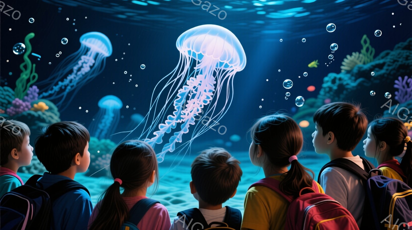 水族館の展示の前で魚を見上げている子供たちのグループが写っています。子供たちは皆、リュックサックを背負っており、さまざまな髪型と服装をしています。背景には、鮮やかな色のサンゴ礁や水中の植物、そして水中に漂う泡が見られ、幻想的な雰囲気を醸し出しています。