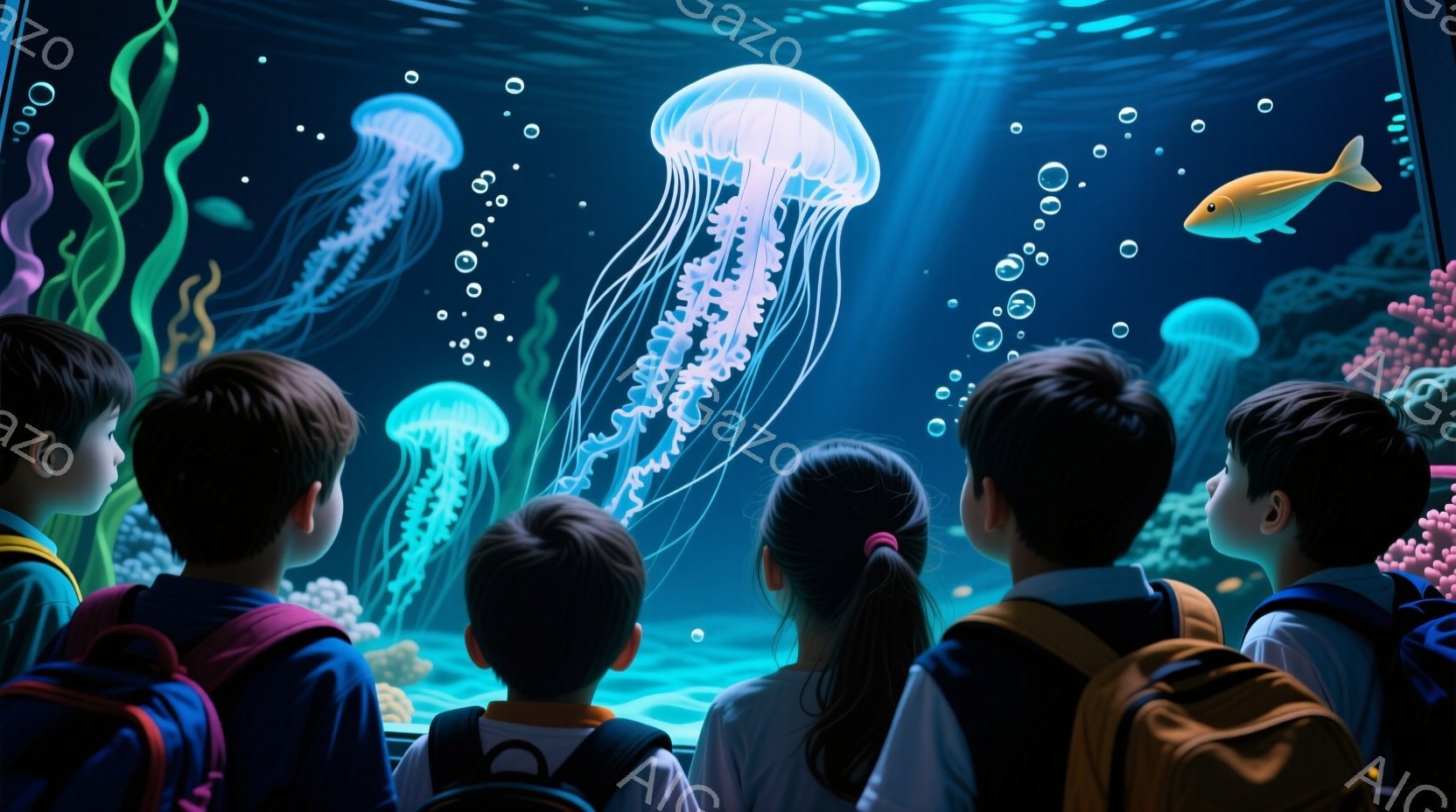 複数の子どもたちが水槽を見上げています。紺色の髪に、黄色い肩掛けバッグを背負い、白いシャツを着ています。水槽の中には、青く光るクラゲや、小さな魚、鮮やかなピンク色のサンゴ礁が浮かび、幻想的な雰囲気を作り出しています。