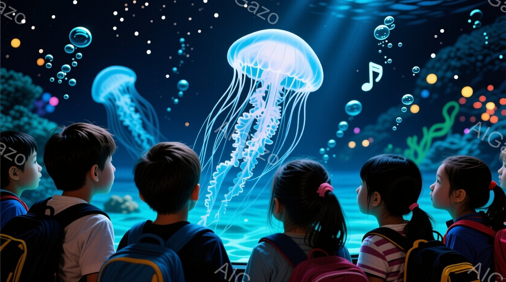 子供たちは水族館でクラゲを見上げています。紺色のシャツに黄色のリュックを背負い、黒髪で後ろ姿のみが見えます。背景には青い水槽と様々な色のクラゲ、そして水中に漂う泡があり、幻想的な雰囲気を醸し出しています。