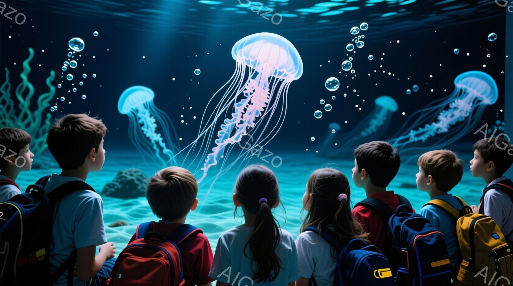 水槽の前で熱帯魚を見ている子供たちのグループが描かれています。子供たちは皆、黄色いバックパックを背負い、白いシャツを着ています。背景には、クラゲや海藻が浮かび、水槽内の神秘的な雰囲気を醸し出しています。