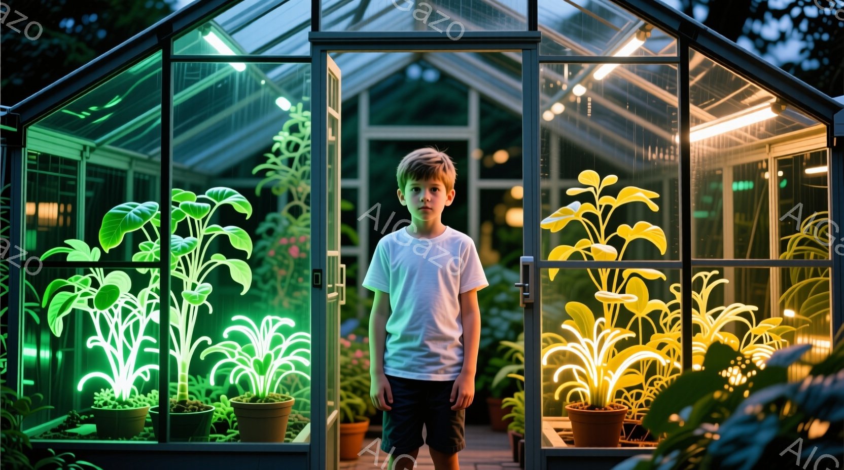 少年は白いTシャツと短パン姿で、温室の入り口に立っている。彼の髪は短く、整えられており、表情は落ち着いていて少し無表情だ。背景にはさまざまな植物が並び、緑と黄色の光で照らされており、どこか幻想的で静寂な雰囲気が漂っている。